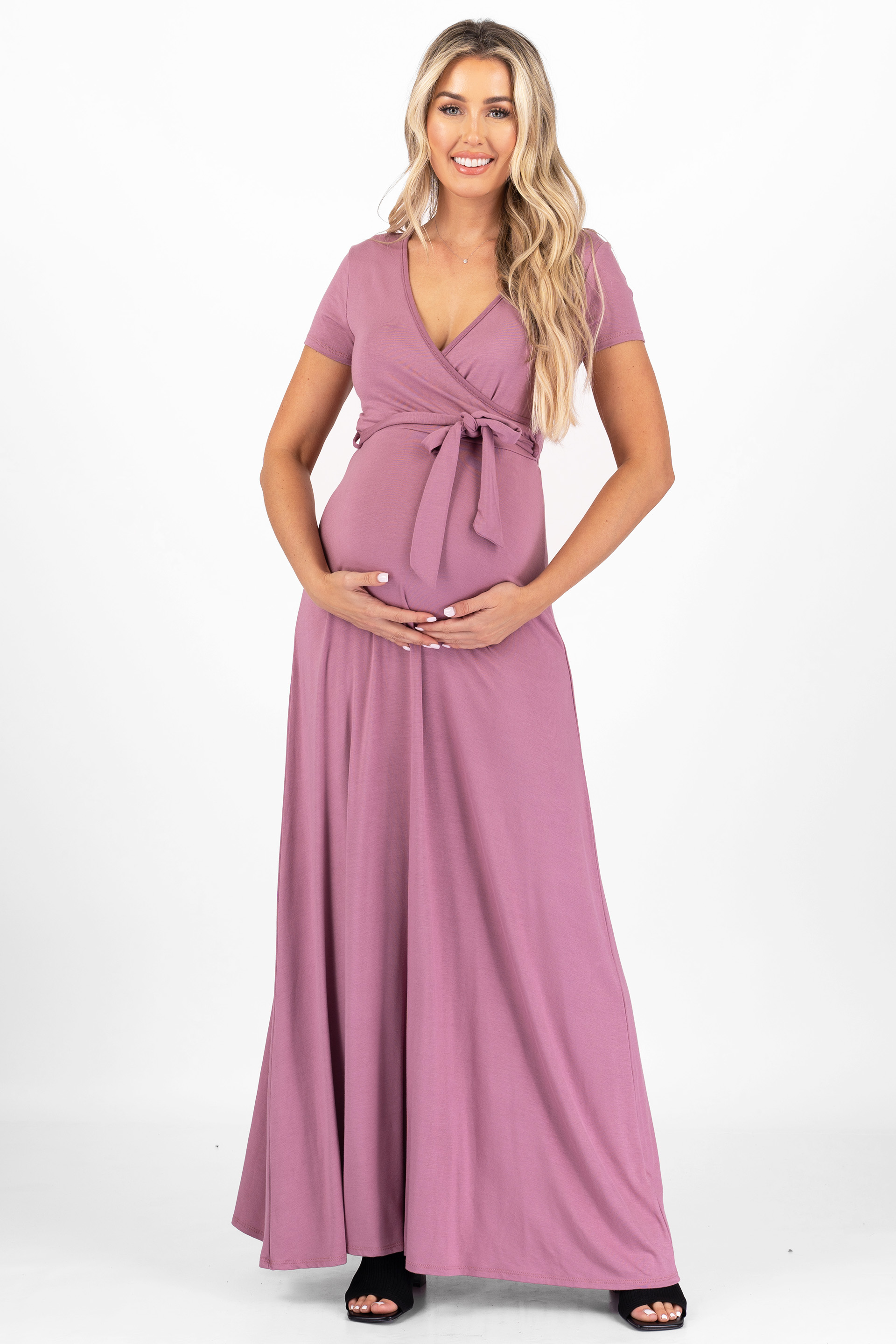 Maternity and Nursing Short Sleeve Floral Dress with Tie Belt