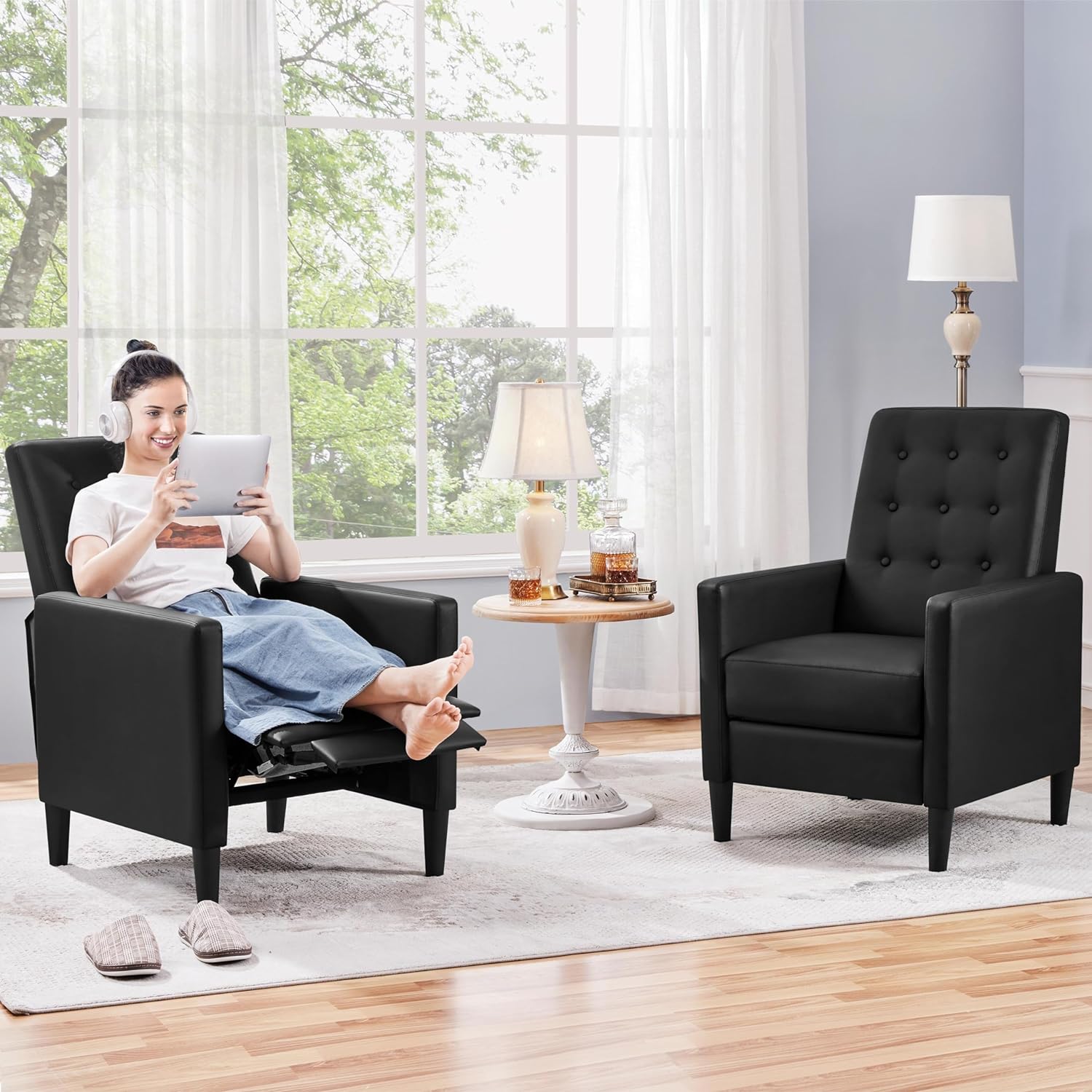 TJUNBOLIFE Faux Leather Recliner Sofa Mid-Century Modern Single Reclining Chair Adjustable Back & Footrest Tufted Upholstered Sofa with Pocket Spring Living Room Bedroom Home Theater