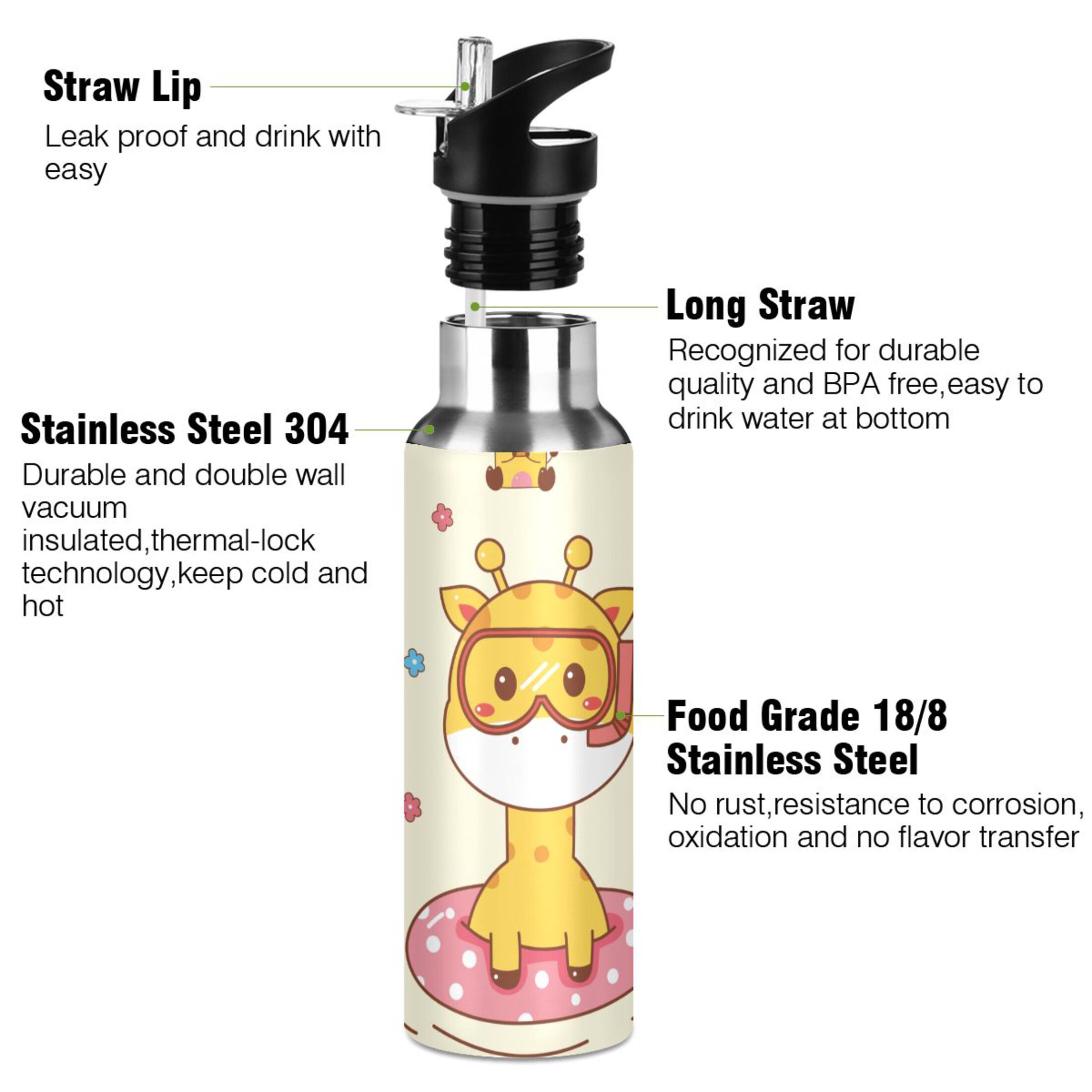 Water Bottle with Straw Lid Leak Summer Cute Giraffe Stainless Steel Insulated Thermos Vacuum Flask for Cold Hot Drinking for Sports Camping Gym Yoga