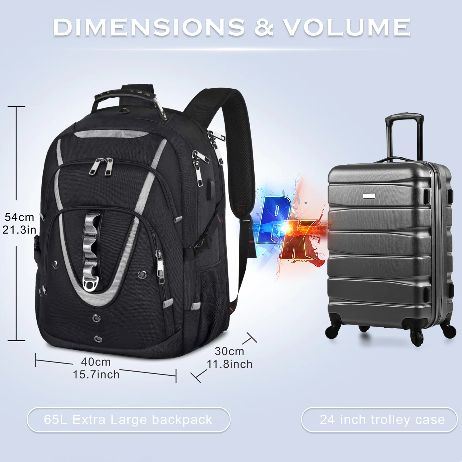 Extra Large 65L Unisex Travel Backpack Fits 18.4