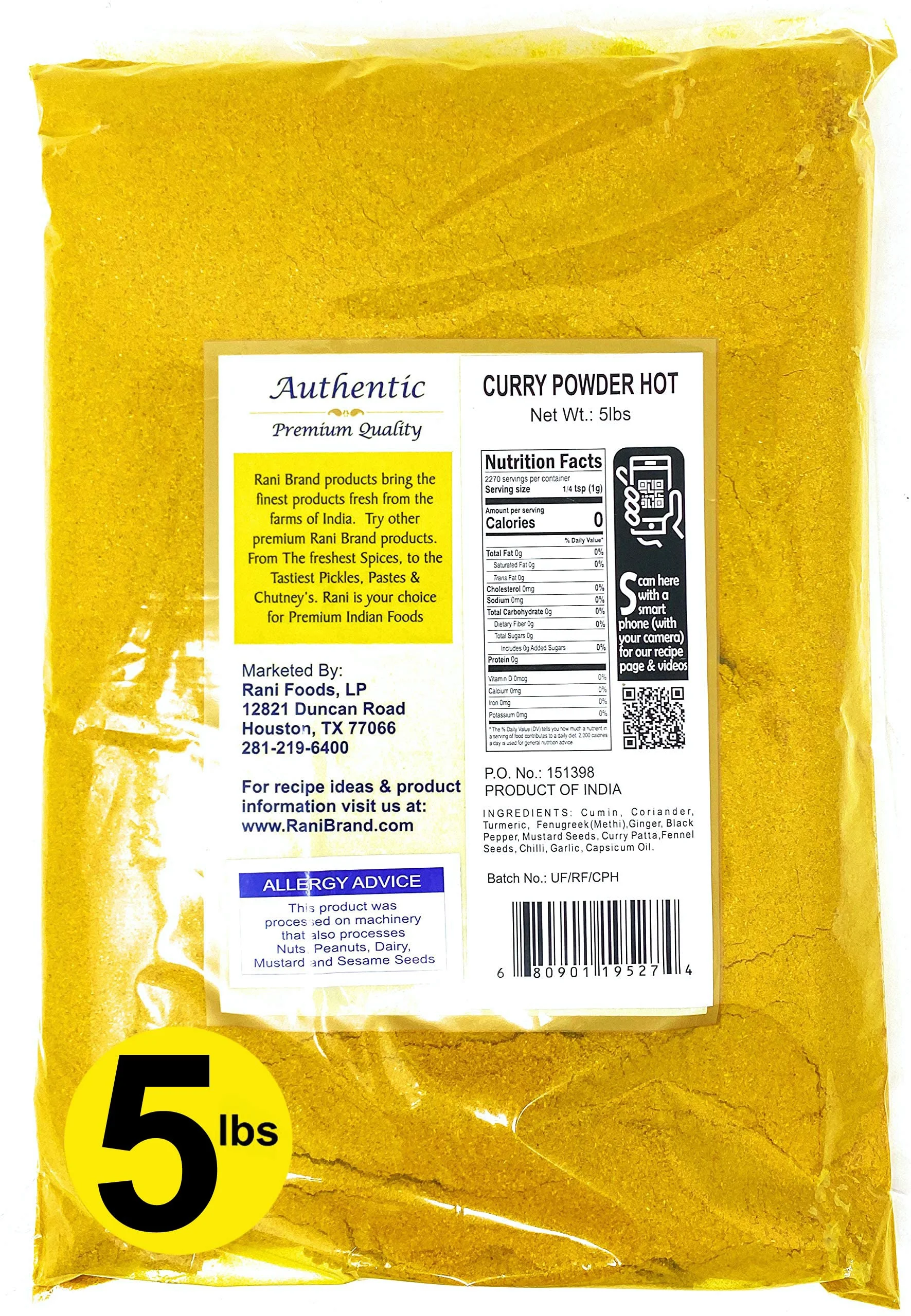 Rani Curry Powder Hot (11-Spice Authentic Indian Blend) 80oz (5lbs) 2.27kg Bulk ~ All Natural | Salt-Free | Vegan | No Colors | Gluten Friendly | NON-GMO | Indian Origin