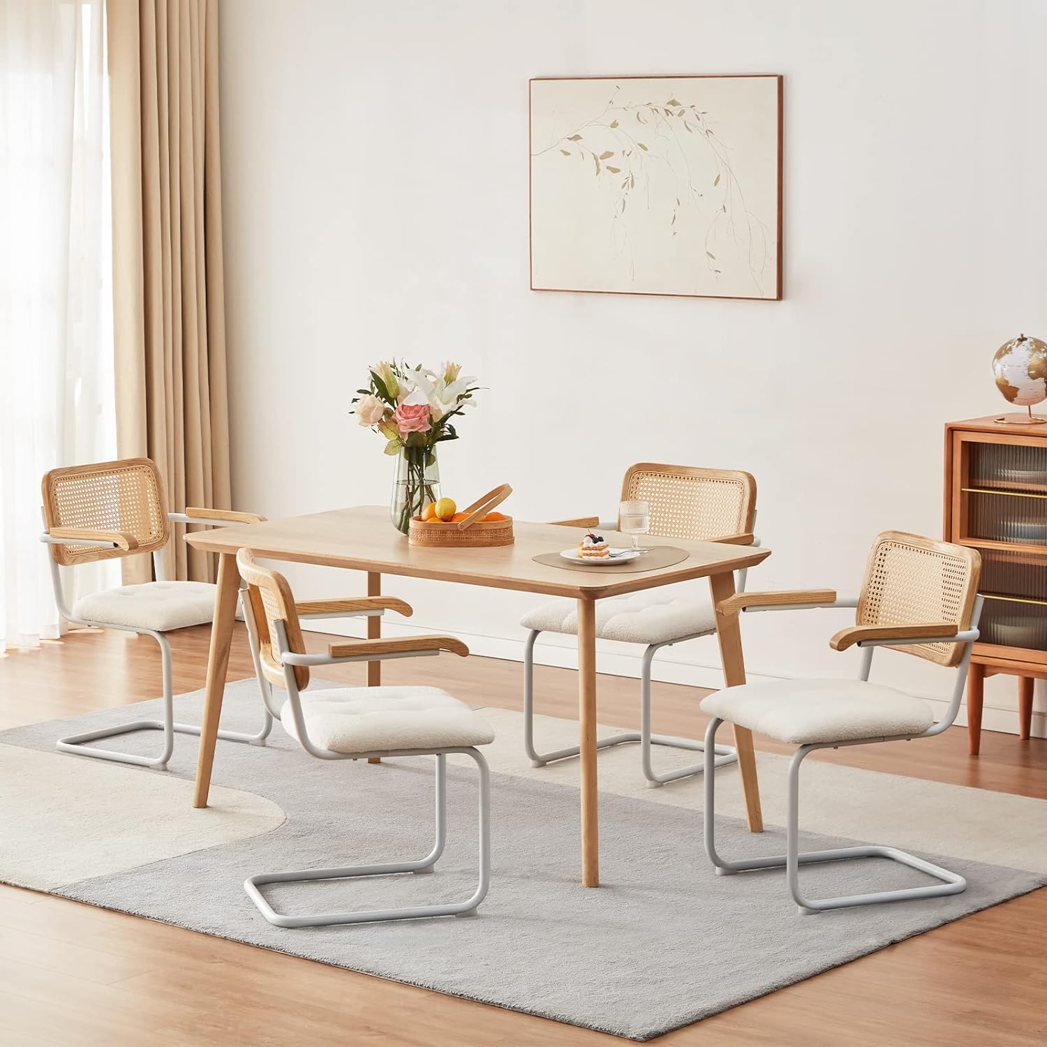 QCAI Kitchen Dining Chairs Set of 2 with Armrest,Mid-Century Modern Chair Mesh Backrest Cane Rattan Chairs for Home Dining Room(White,Teddy Velvet)