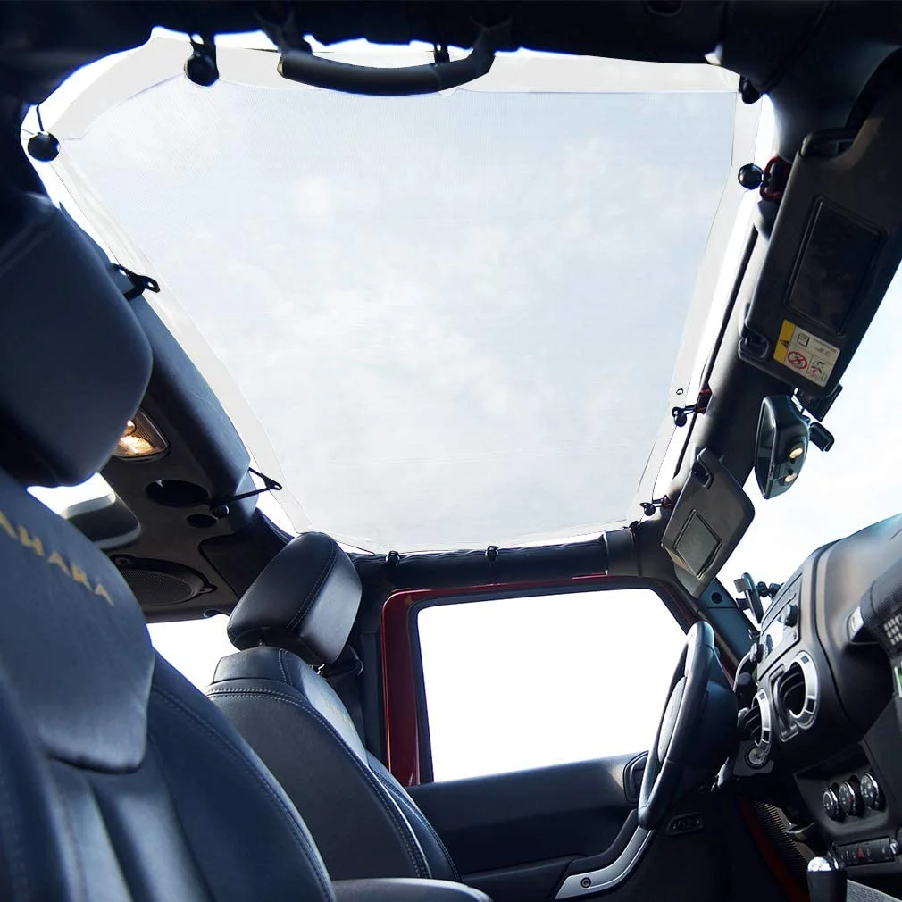 Shadeidea Jeep Wrangler Sunshade JK Unlimited (2007-2018) 2 Door and 4 Door Front-White Mesh Screen Sunshade SAHARA RUBICON SPORT S Top Cover UV Blocker with Grab Bag-10 Years Warranty