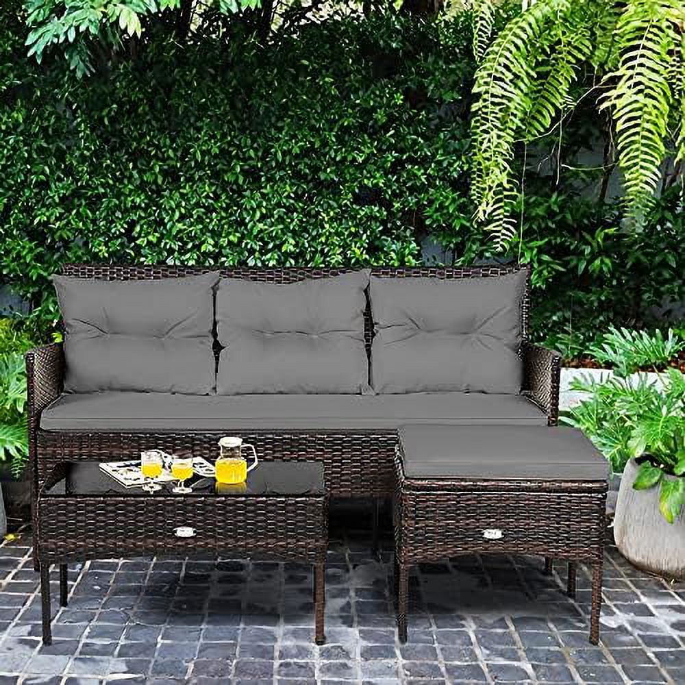 3 Pieces Outdoor Rattan Conversation Set Patio  Set with Tempered Glass Coffee Table  5 Elastic Seat & Back Cushions  Sectional Sofa Set for Poolside Balcony Backyard