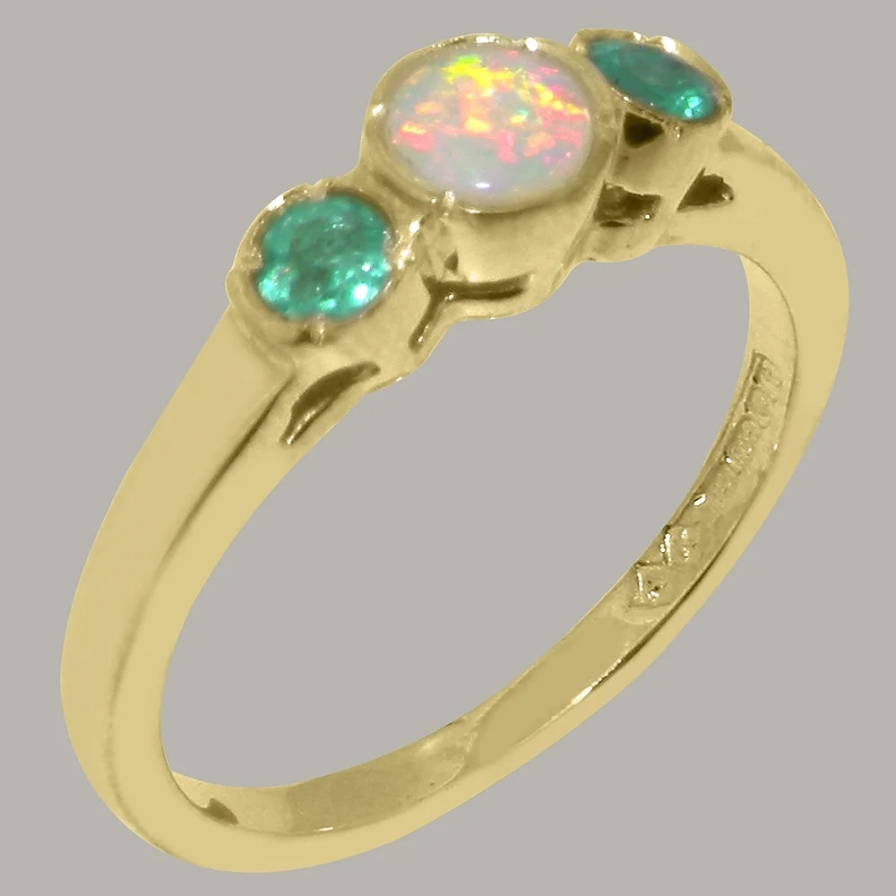 LBG British Made 9k Yellow Gold Natural Opal & Emerald Womens Anniversary Ring - 33 size options - Size 10