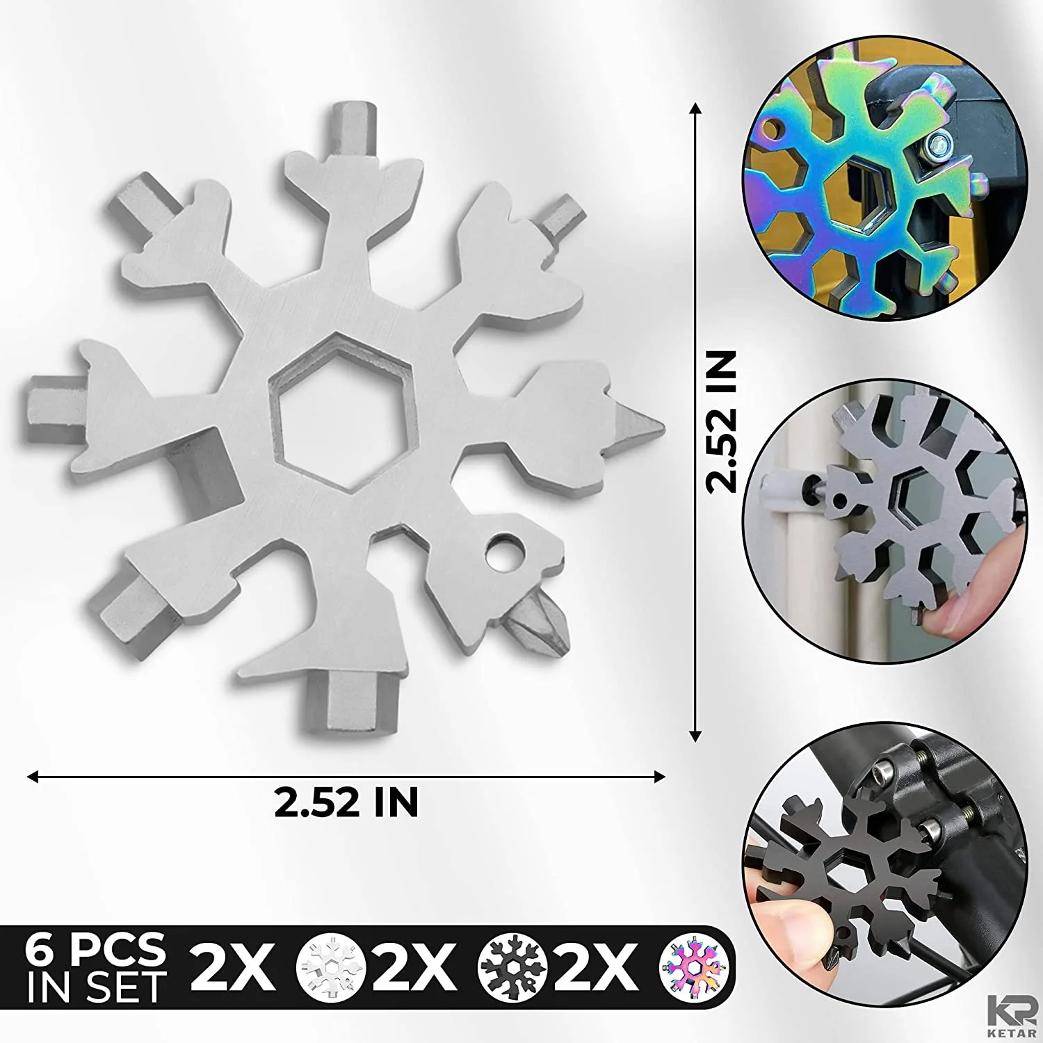 6Pcs Snowflake Multitool Keychain Screwdriver - Pocket Screwdriver Keychain Bottle Opener Keychain Multitool Key Can Opener - Snowy Portable 18-in-1 Stainless Steel Snowflake Multi-Tool for Men