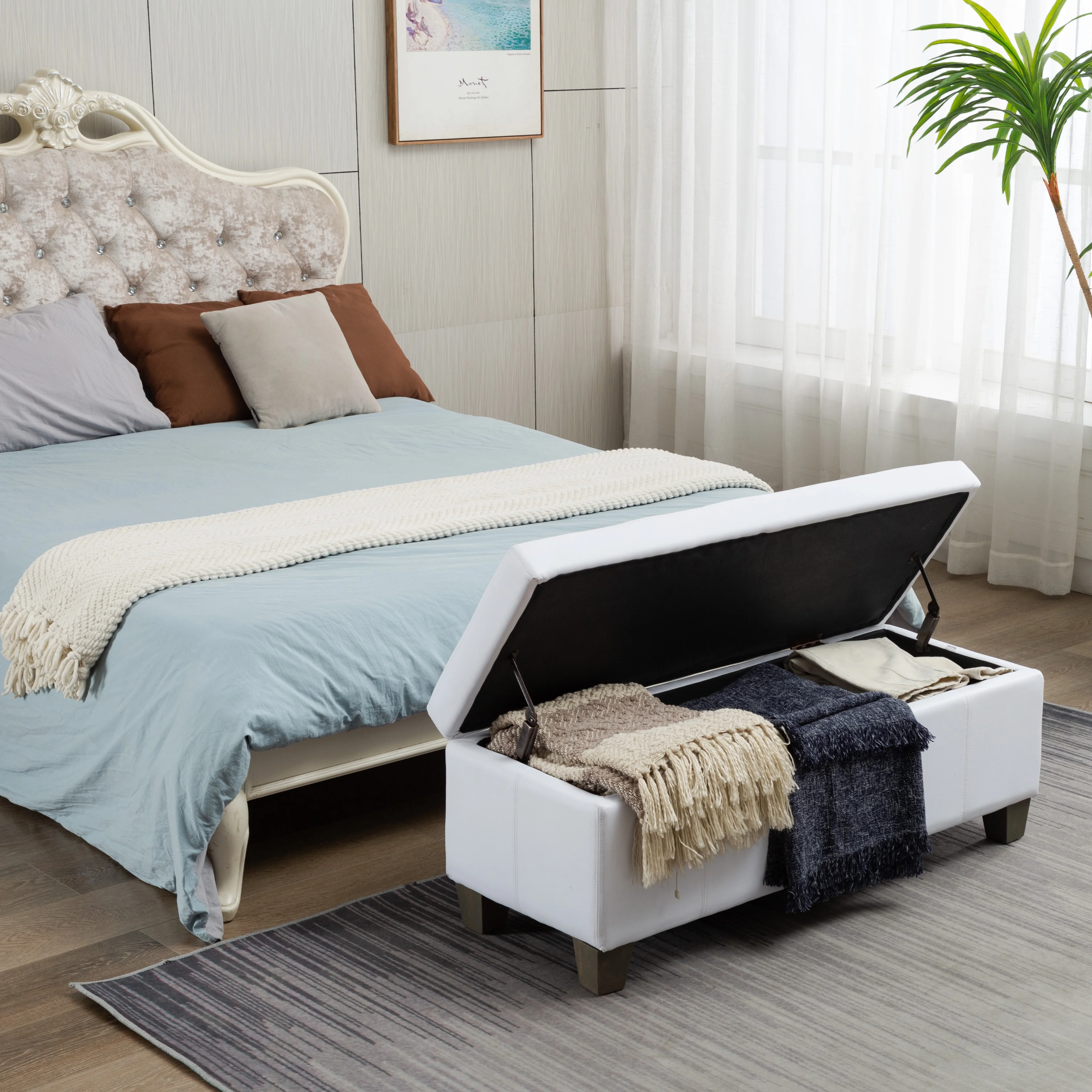 Foredo Rectangle Ottoman with Storage, Modern Faux Leather Bench with Solid Wood Legs, Ottoman for Living Room, Bedroom and Entryway, Beige