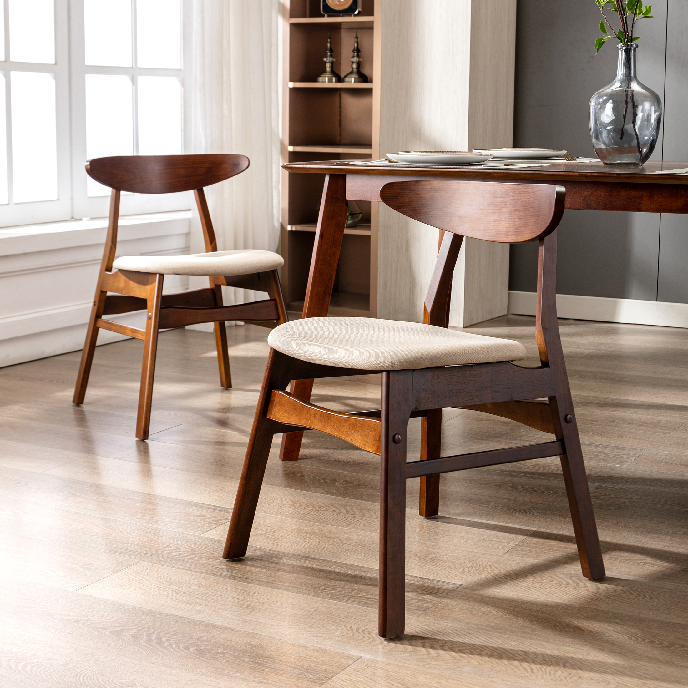 Costaelm Mid Century Modern Solid Wood Upholstered Dining Side Chair (Set of 2), Beige