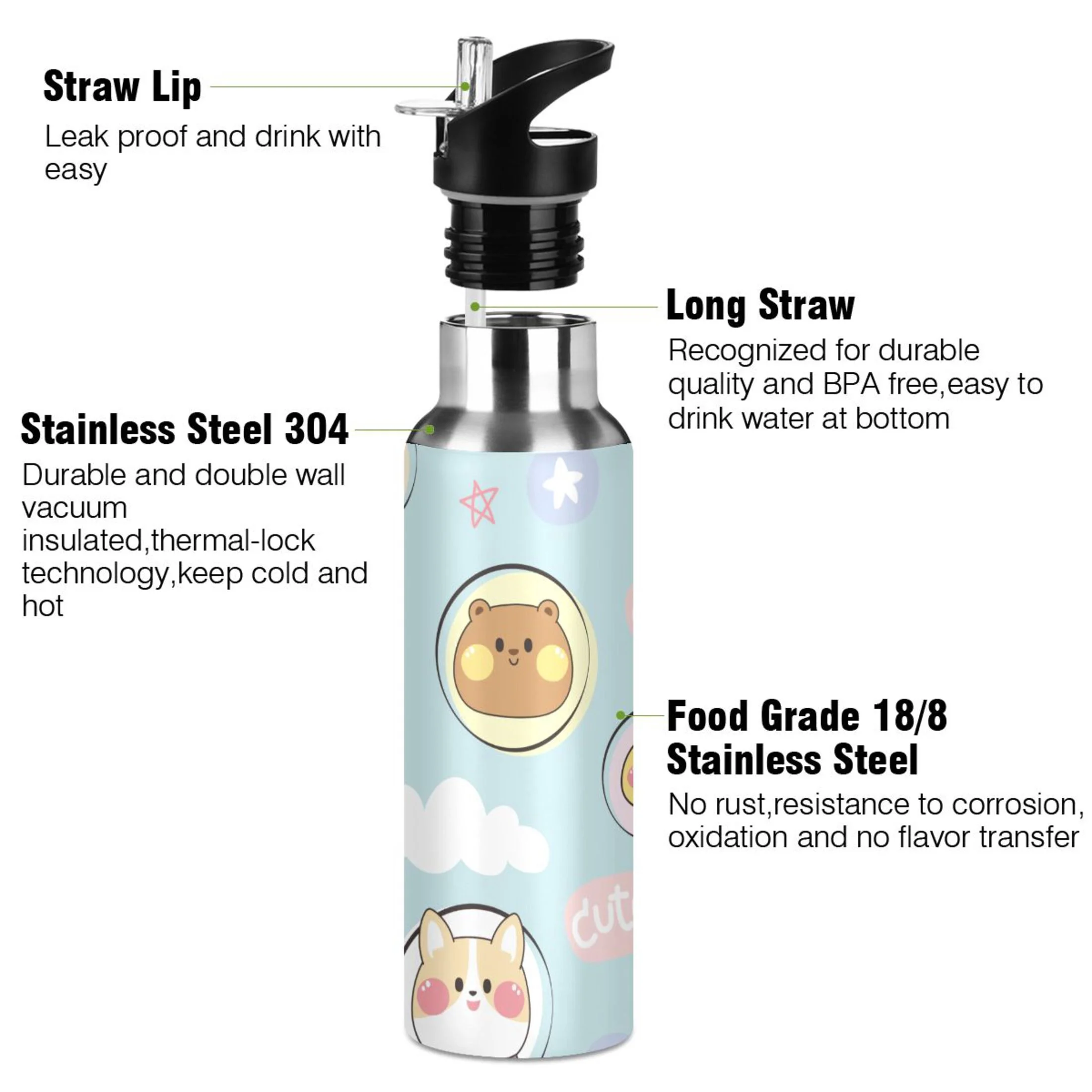 Water Bottle with Straw Lid Leak Cute Rabbit Cat Chicken Bear Stainless Steel Insulated Thermos Vacuum Flask for Cold Hot Drinking for Sports Camping Gym Yoga