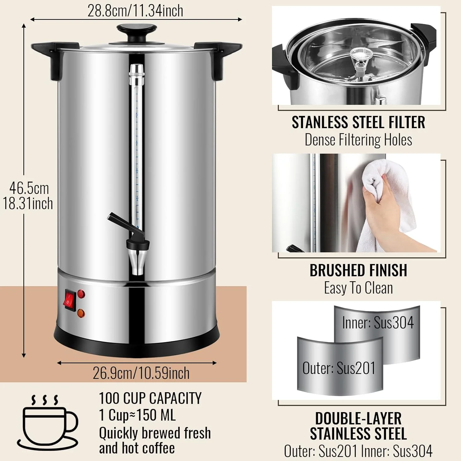 Commercial Coffee Maker Stainless Steel Electric Coffee Urns with 5oz Paper Cups and Coffee Drip Trays Hot Water Large Coffee Dispenser for Catering Restaurant Home Party (100 Cup/ 15 L)