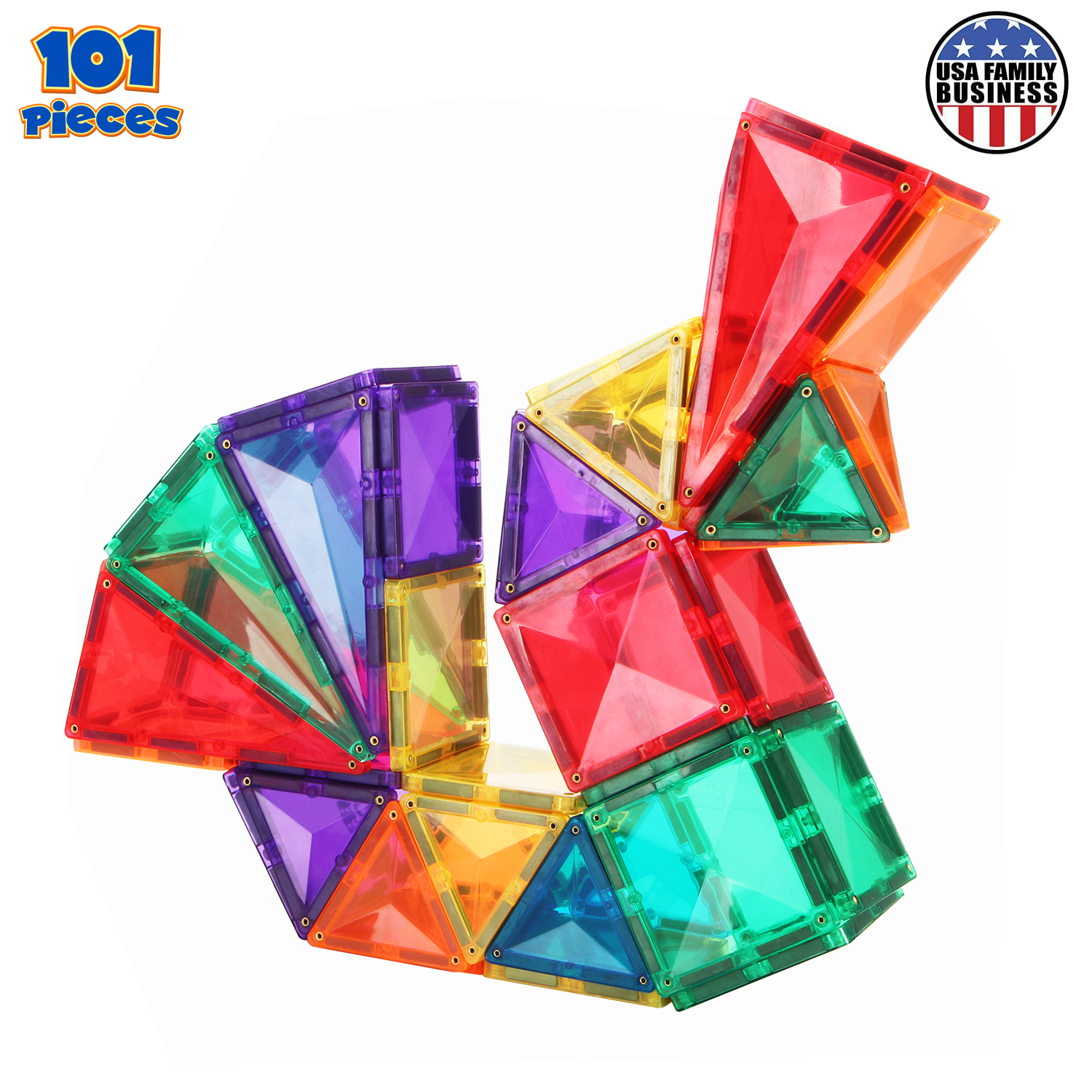 Pythagoras Magnetic Building Tiles - 101 Pcs of Shapes and Colors - Educational Magnetic Blocks for Kids - Creativity | Spatial Perception | Motor Skills - w/ Storage - Boys and Girls Ages 3+