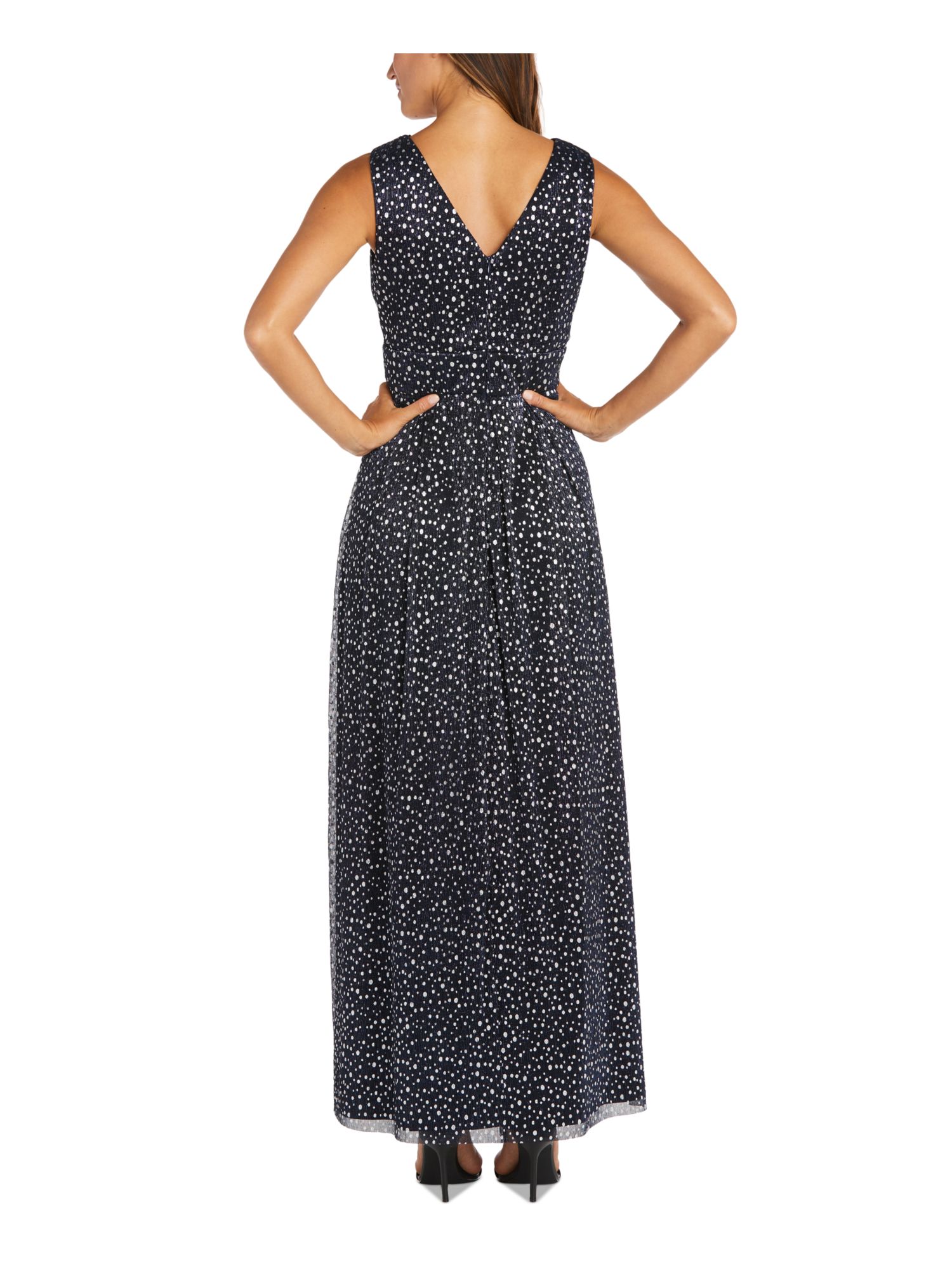 R&M RICHARDS Womens Navy Embellished Zippered Lined Sheer Pleated Polka Dot Sleeveless V Neck Full-Length Evening Gown Dress Plus 18W