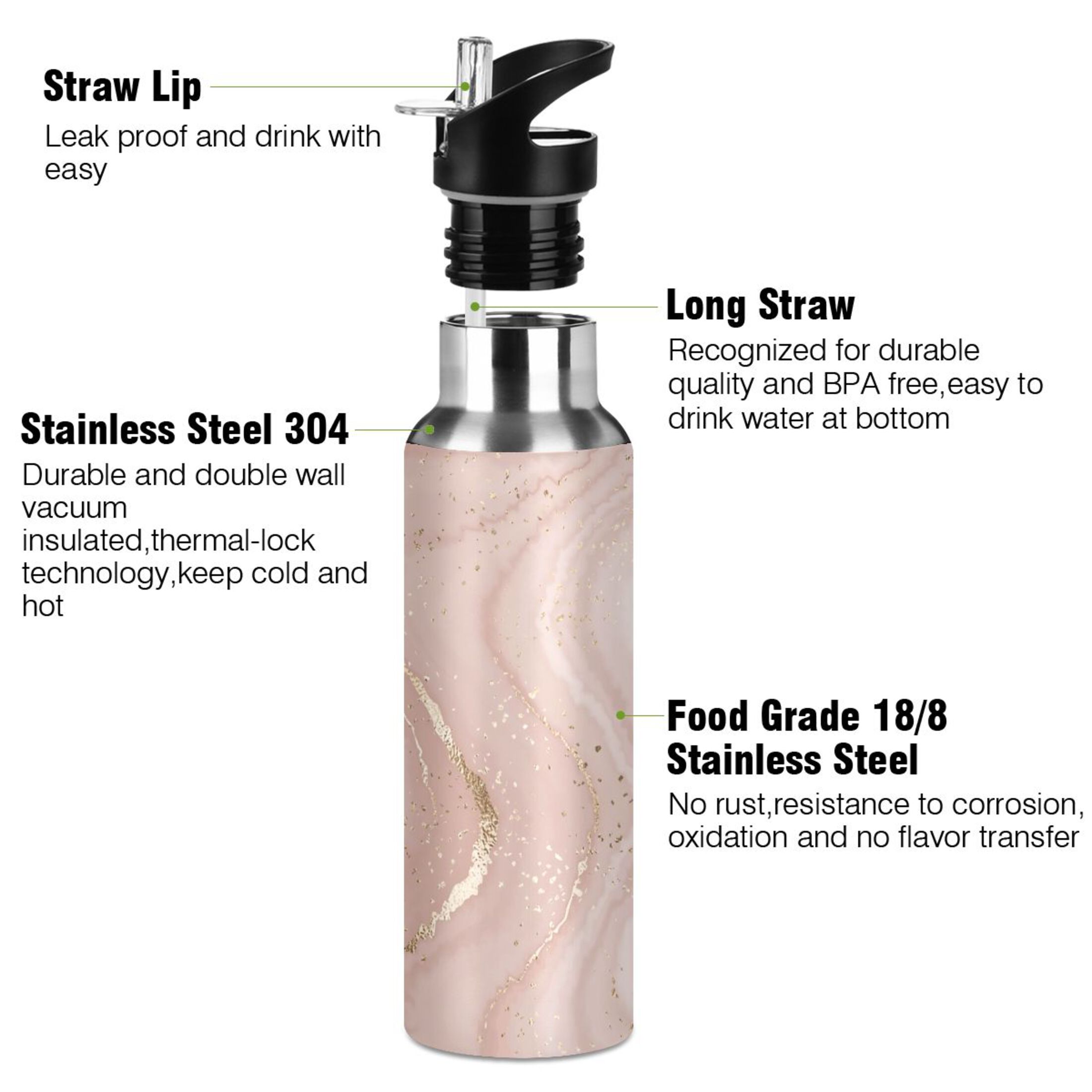 Water Bottle with Straw Lid Leak Pink Marble Golden Texture Stainless Steel Insulated Thermos Vacuum Flask for Cold Hot Drinking for Sports Camping Gym Yoga