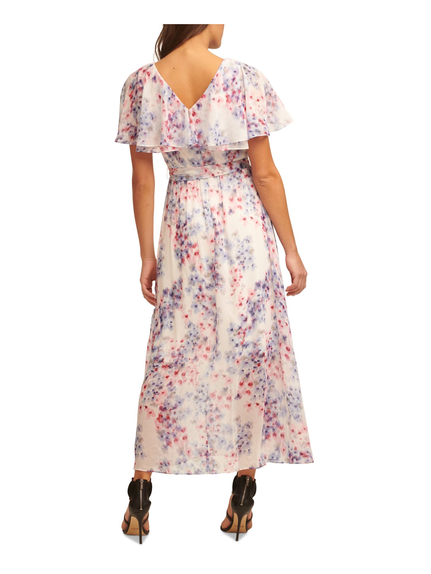 DKNY Womens Ivory Zippered Tie Floral Flutter Sleeve V Neck Maxi Wear To Work Fit + Flare Dress 4