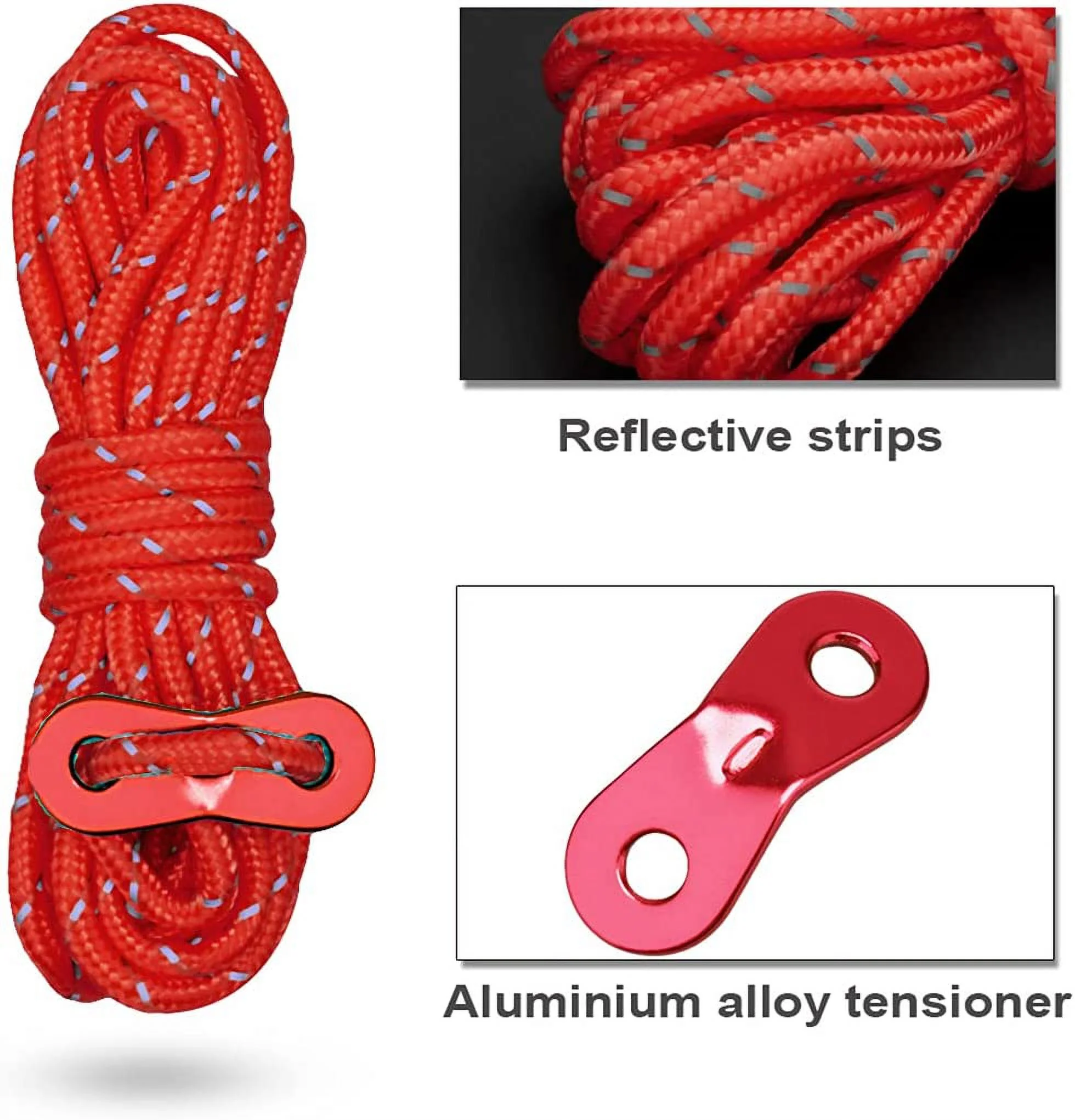 KRATARC 4m Outdoor Guy Lines Tent Cords Lightweight Camping Rope with Aluminum Guylines Adjuster Tensioner Pouch for Tent Tarp, Canopy Shelter, Camping, Hiking, Backpacking (Red- 12pcs)
