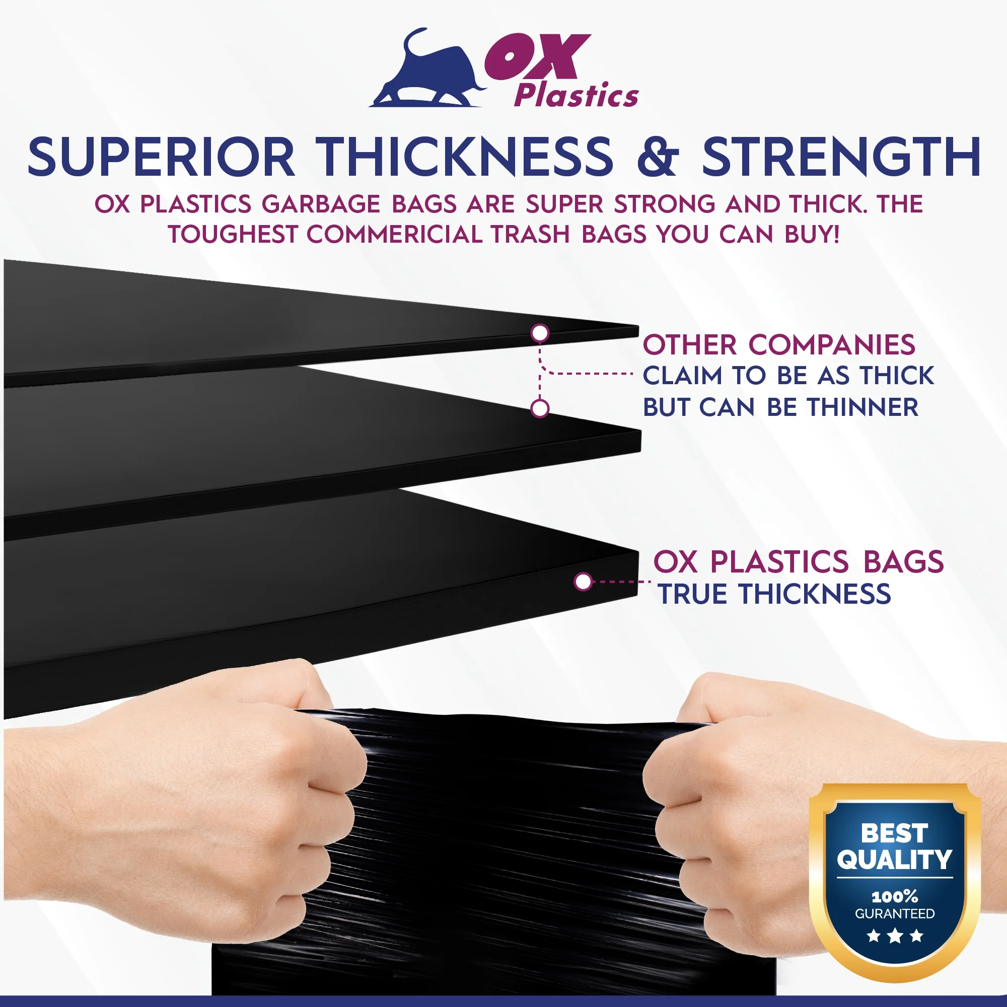 Ox Plastics Trash Can Liners Bags - 42 Gallon Capacity & 3mil Thick Extra Heavy Duty Strength - Large Garbage, Leak-Proof & Durable, House & Commercial Use Bags Black 37 X 43 (25 Bags)