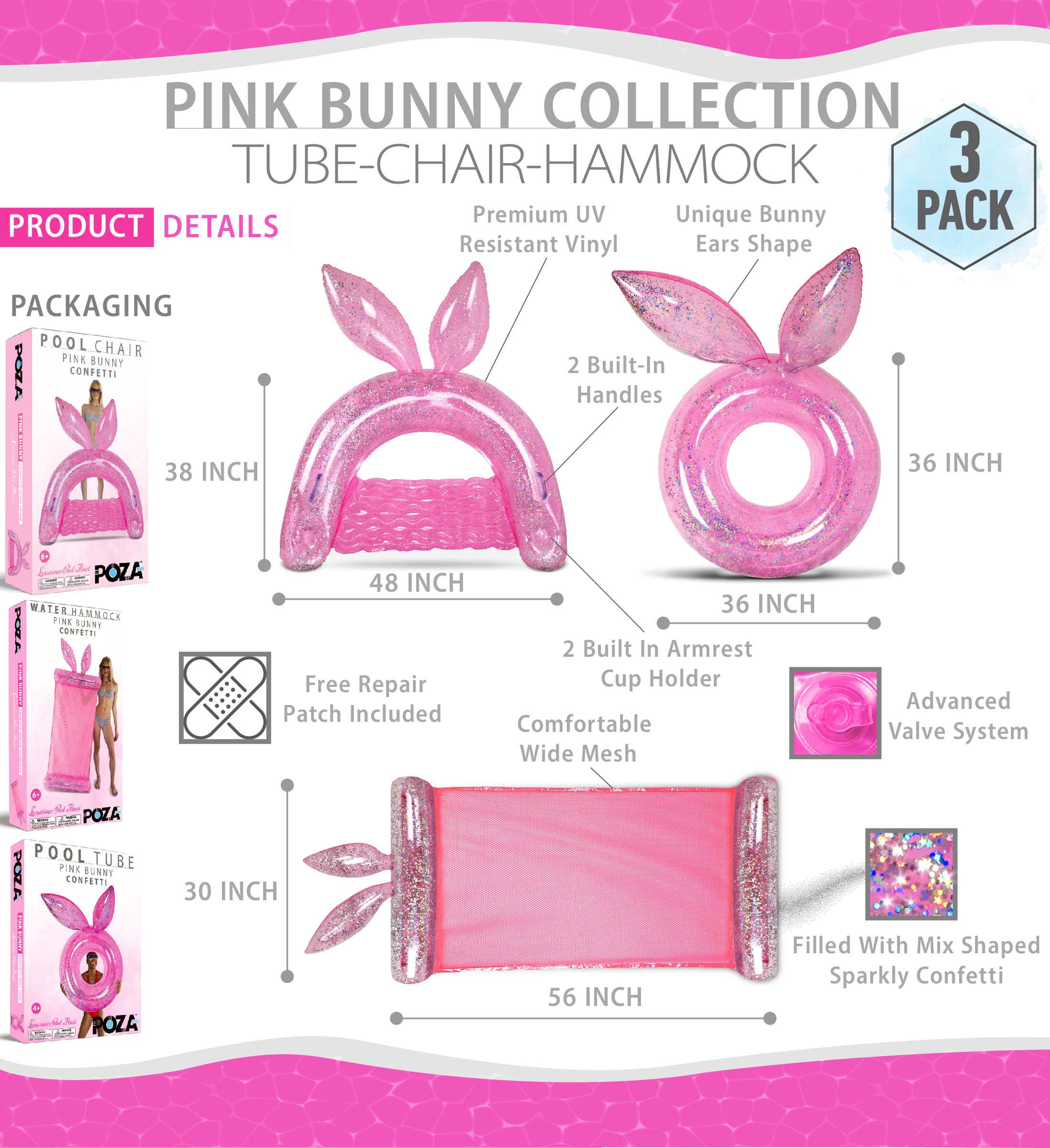 POZA Inflatable Pink Bunny Pool Floats Collection Set Of 3 Pack - Premium Luxurious Fun Loungers Filled with Silver Sparkle Confetti, Includes Bunny Pool Tube, Pool Chair and Water Hammock