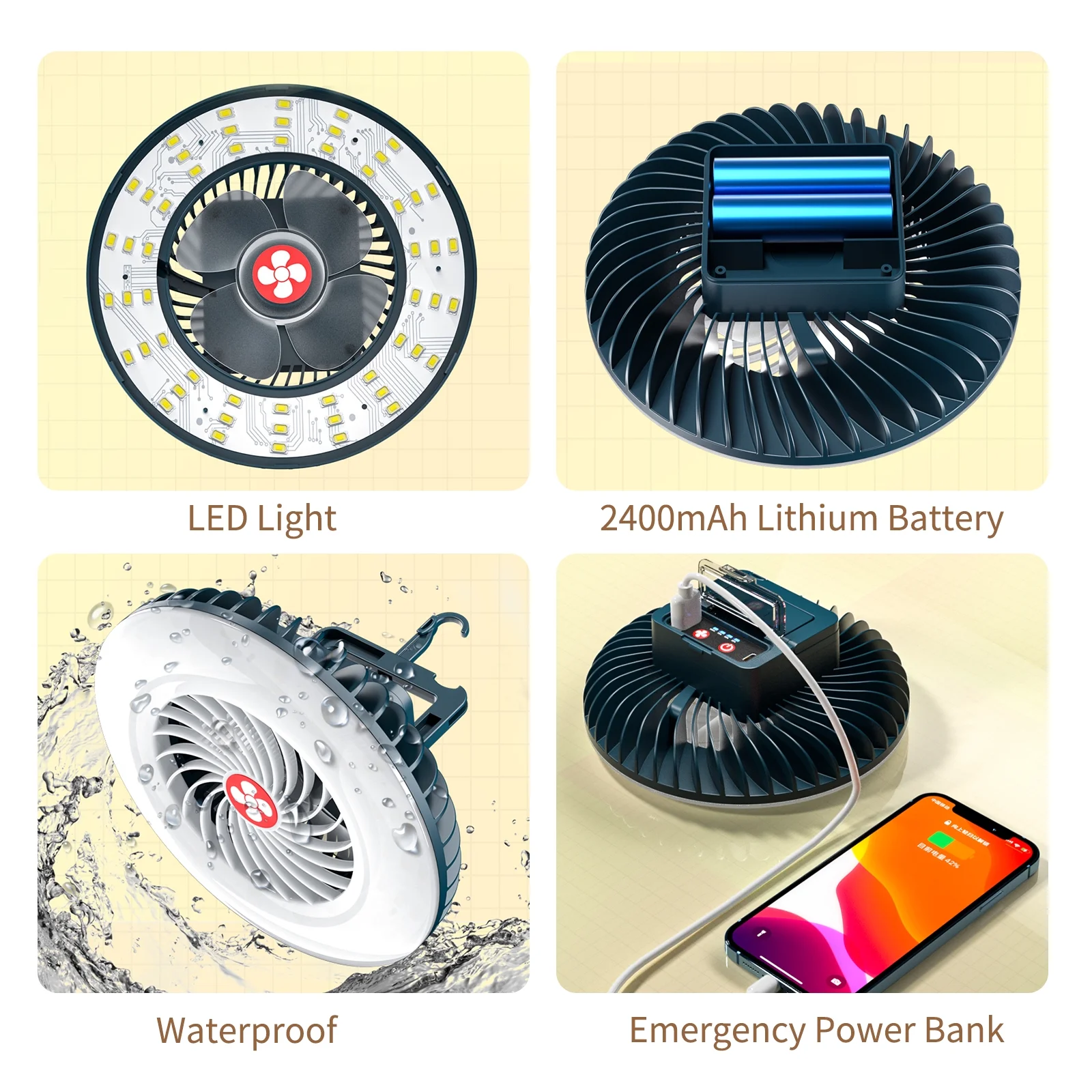 Tomshoo LED Hanging Fan 2 in 1 Camping Tent Fan with Hanging Hook Back Magnet LED Ceiling Fan for Outdoor Camping Office Car Emergency Student Dormitory