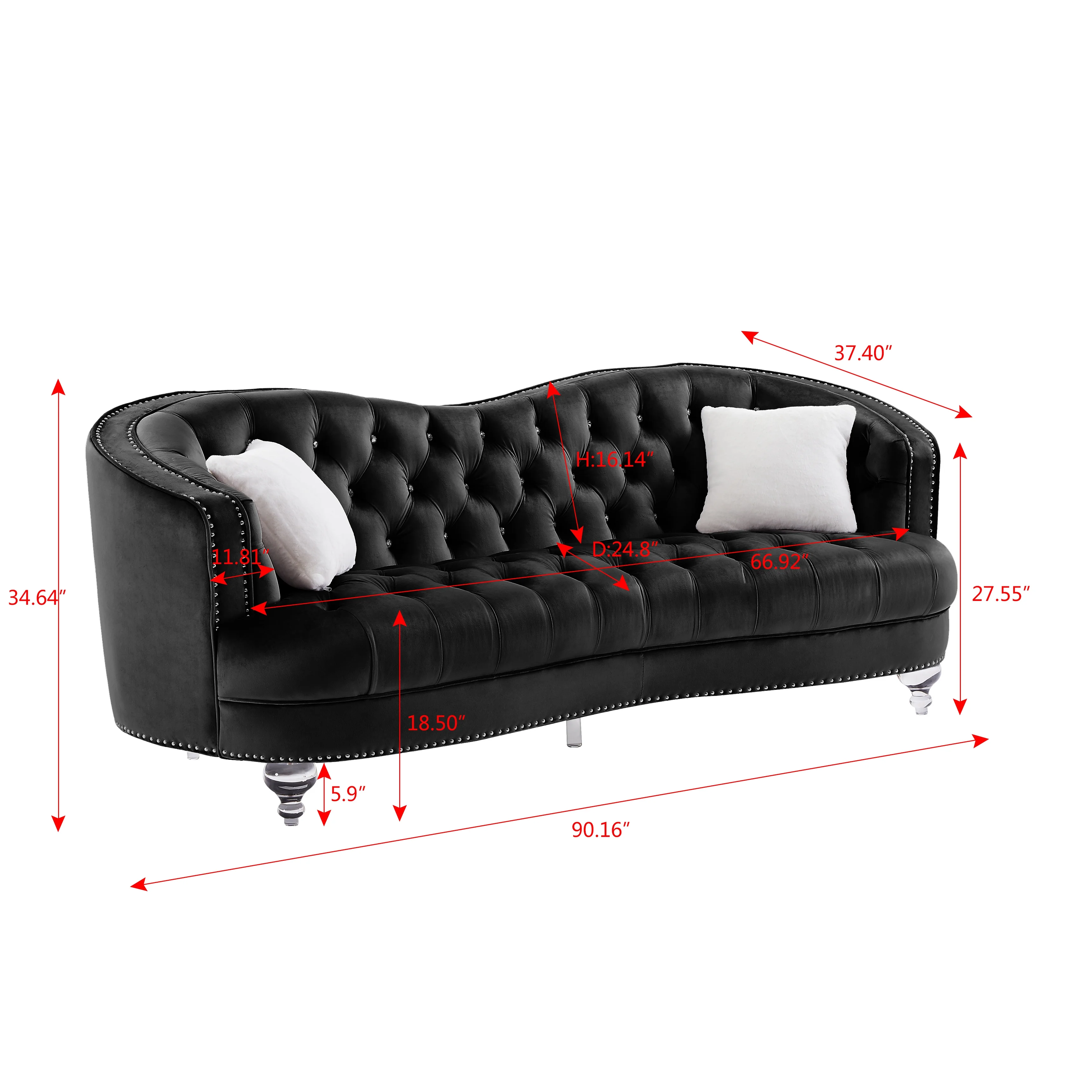 LANTRO JS 1757 Black Light Luxury Crystal Feet Tufted 3P Sofa