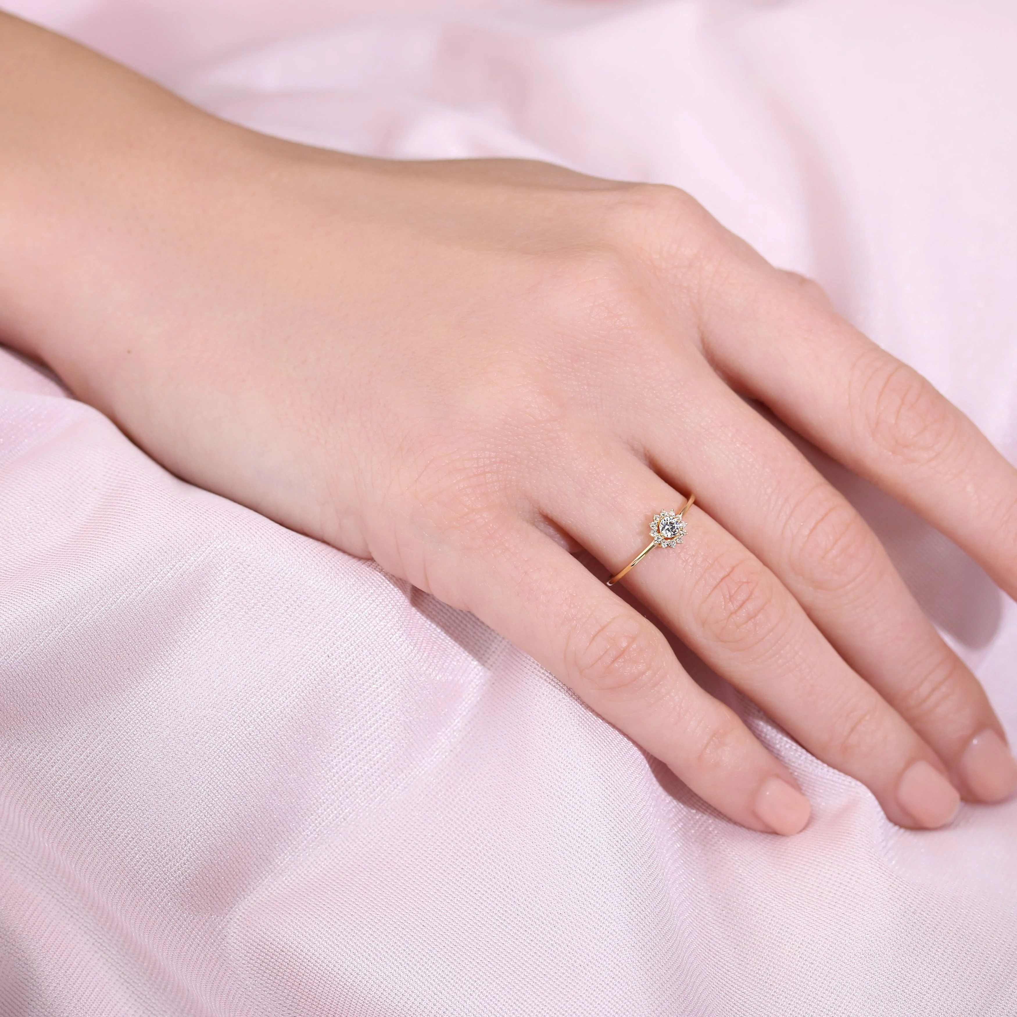 Tilo Jewelry 10K Yellow Gold Dainty Halo Flower Ring with Cubic Zirconia CZ Stones | Size 6 | Women & Girls