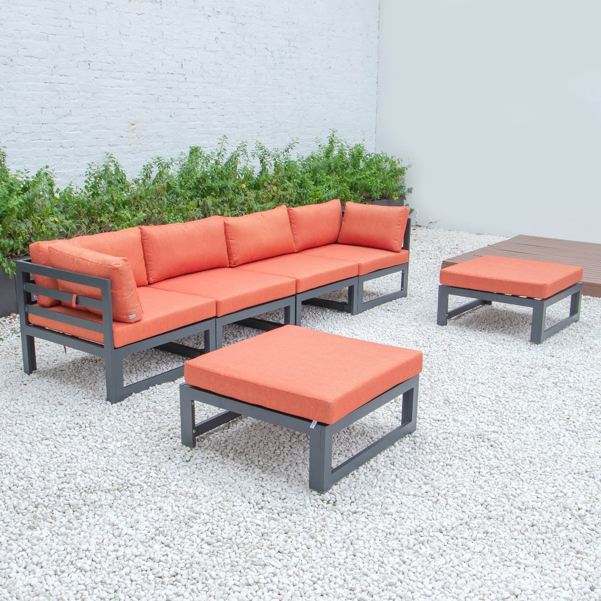 LeisureMod Chelsea 6-Piece Patio Conversation Set Outdoor Sectional Sofa Set Black Aluminum With Ottomans & Cushions in Orange