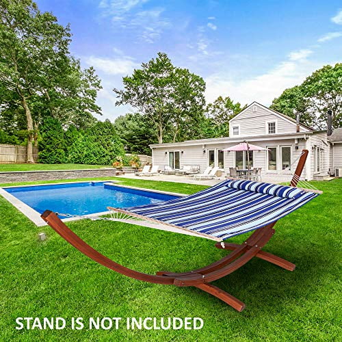 SUNCREAT Hammocks Quilted Fabric Hammock, Double Hammock with Spreader Bar, Soft Pillow, Max 475lbs Capacity, Blue Stripes