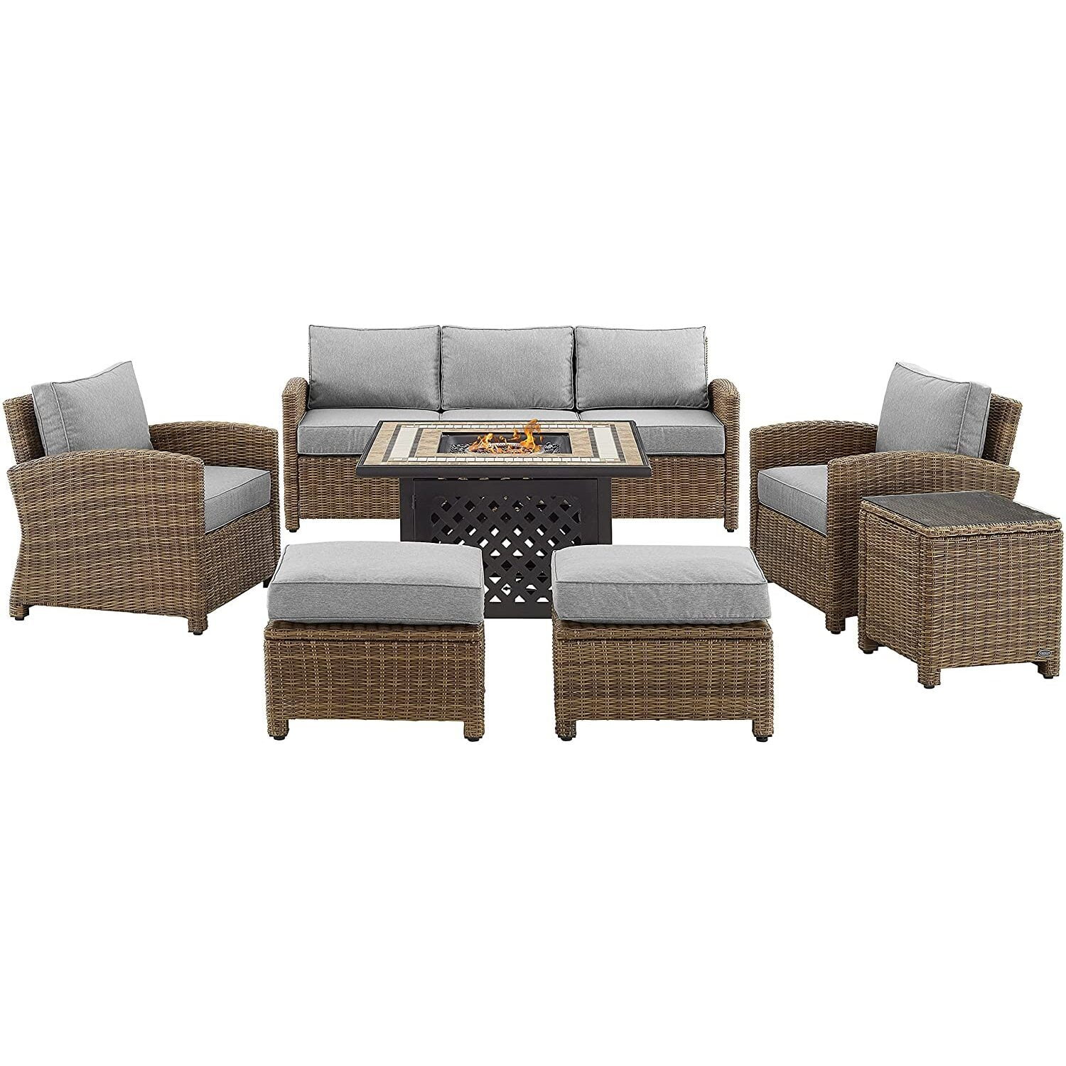 HomeStock Victorian Virtue 6Pc Outdoor Wicker Sofa Set W/Fire Table Gray/Weathered Brown - Tucson Fire Table, Sofa, 2 Armchairs & 2 Ottomans