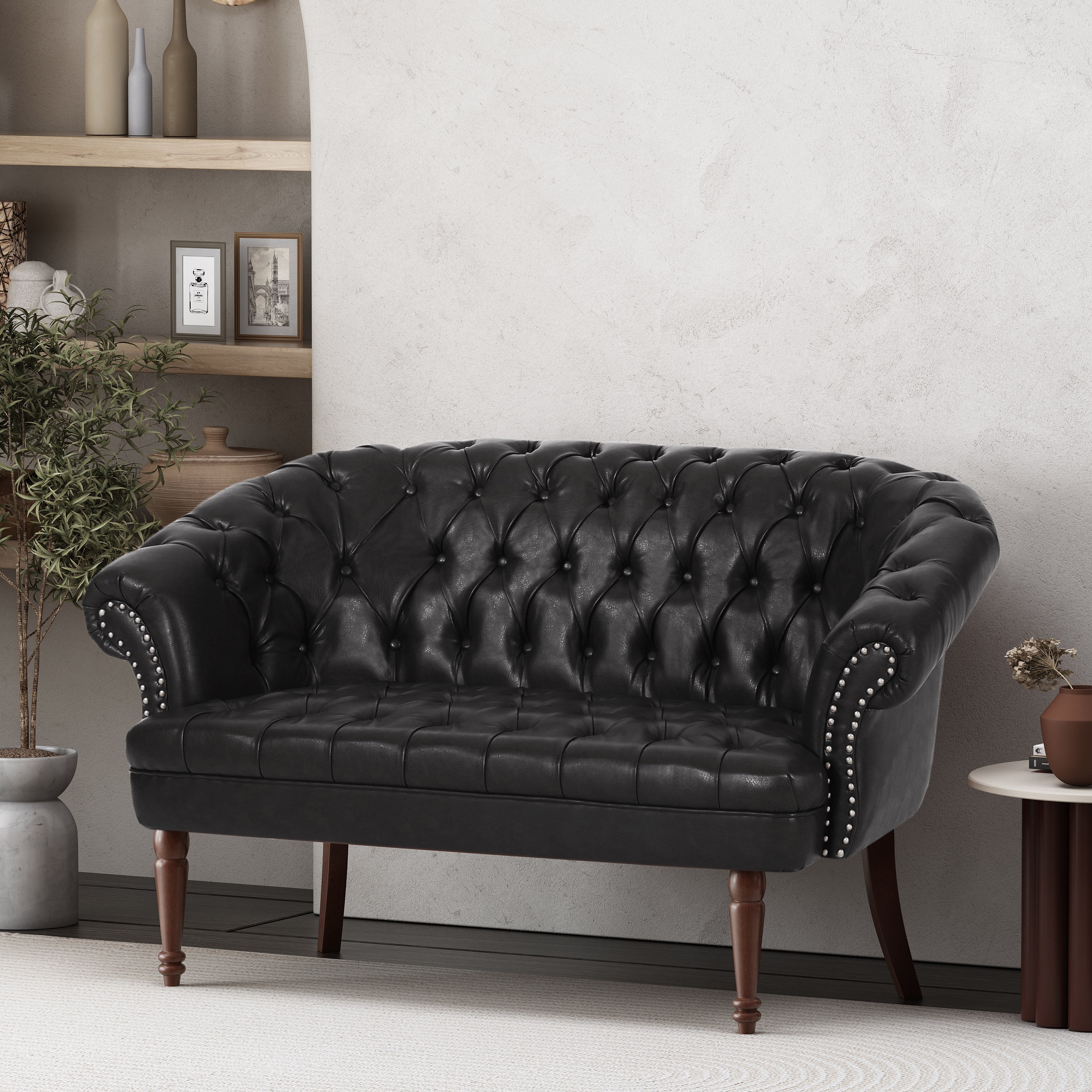 Trask Contemporary Leather Tufted Loveseat with Nailhead Trim, Midnight Black and Espresso