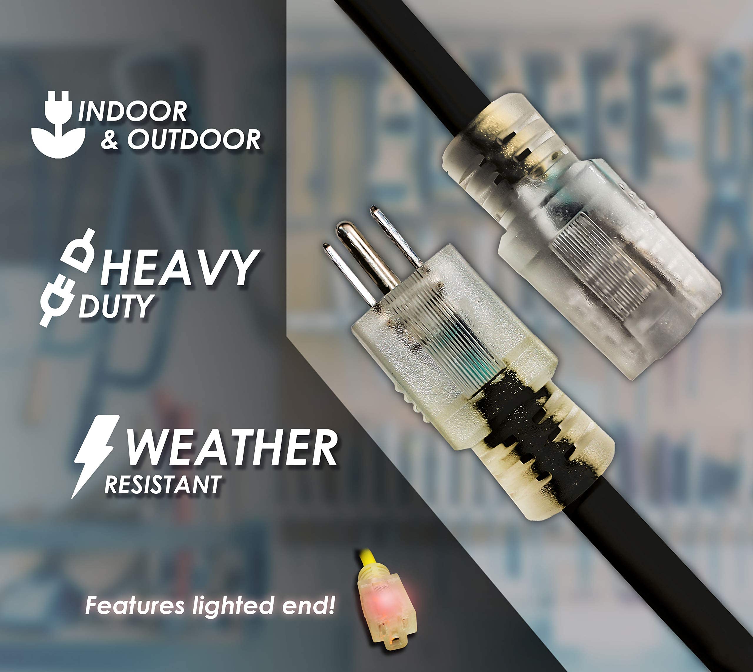 LifeSupplyUSA Indoor Outdoor Extension Cord - 100 ft Long Power Extension Cable with Multiple Outlets, Lighted End - Heavy Duty 3 Prong, 15 AMP 125 Volts 1875 Watts, SJTW Weatherproof (Black) (1 Pack)