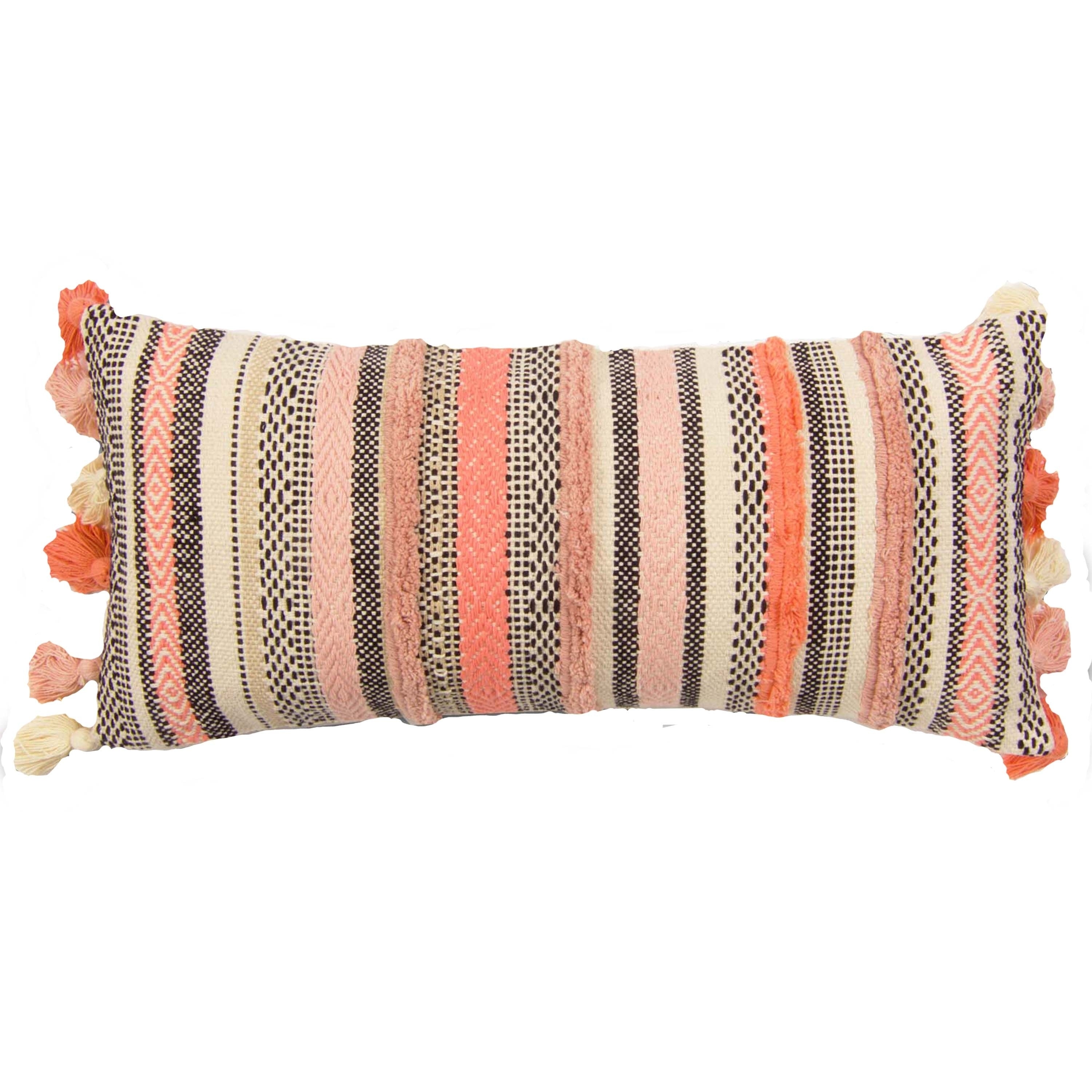 The Curated Nomad  Quane Handwoven Ivory/ Coral Stripes Accent Pillow