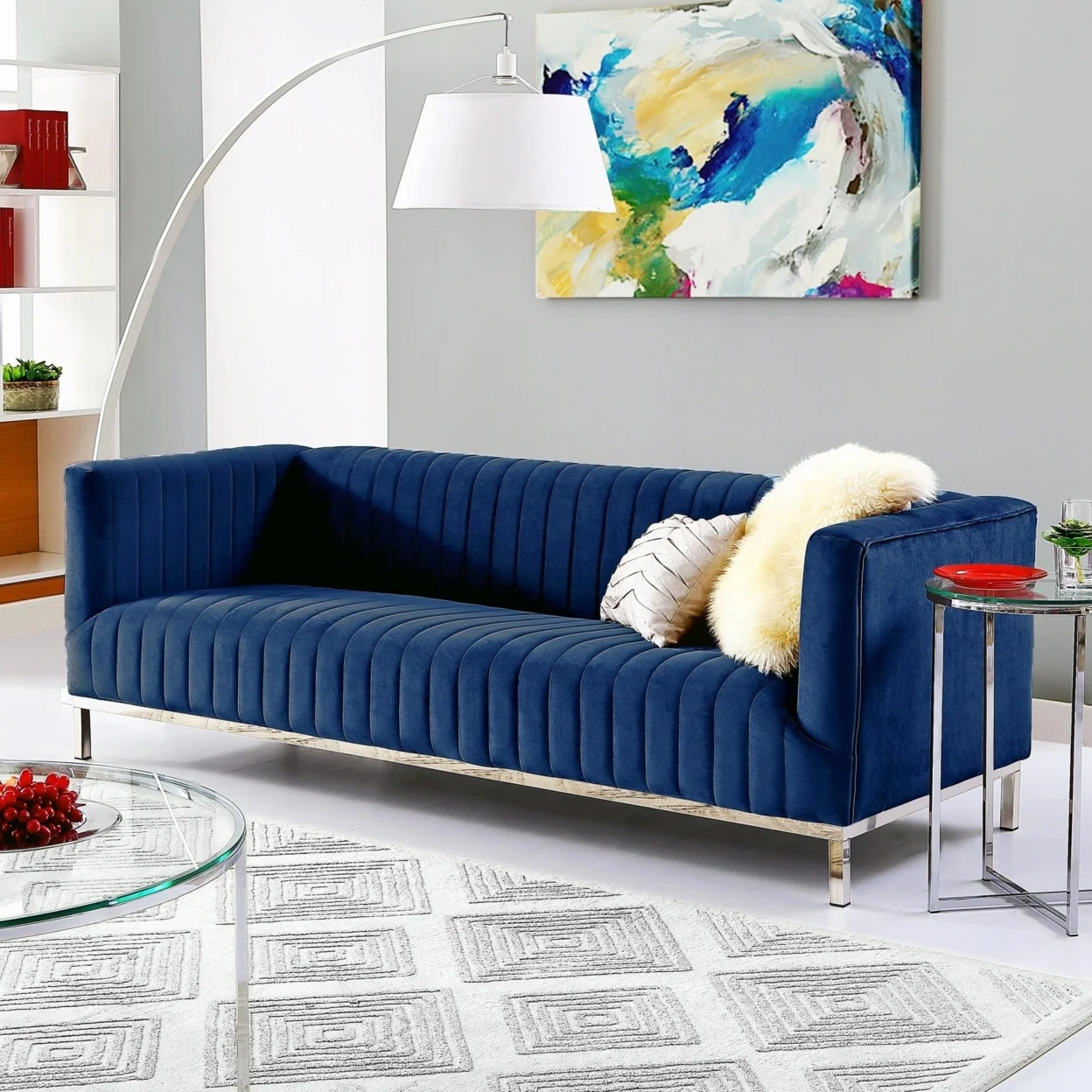 Franco Velvet Tuxedo Sofa-Chrome Y-Legs-Stainless Steel-Line Stitch-Modern-Contemporary-Inspired Home