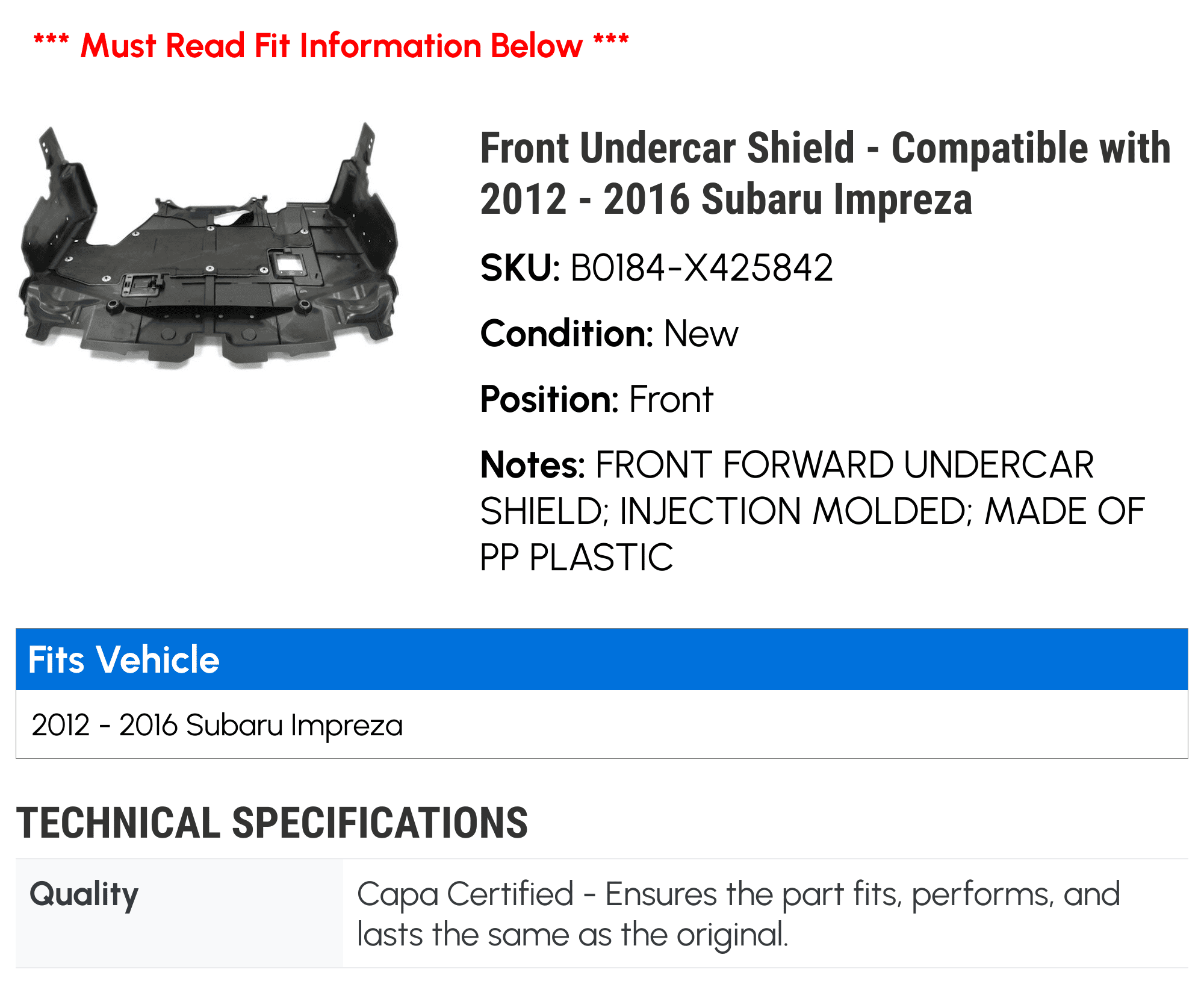 Front Undercar Shield - Compatible with 2012 - 2016 Subaru Impreza 2013 2014 2015