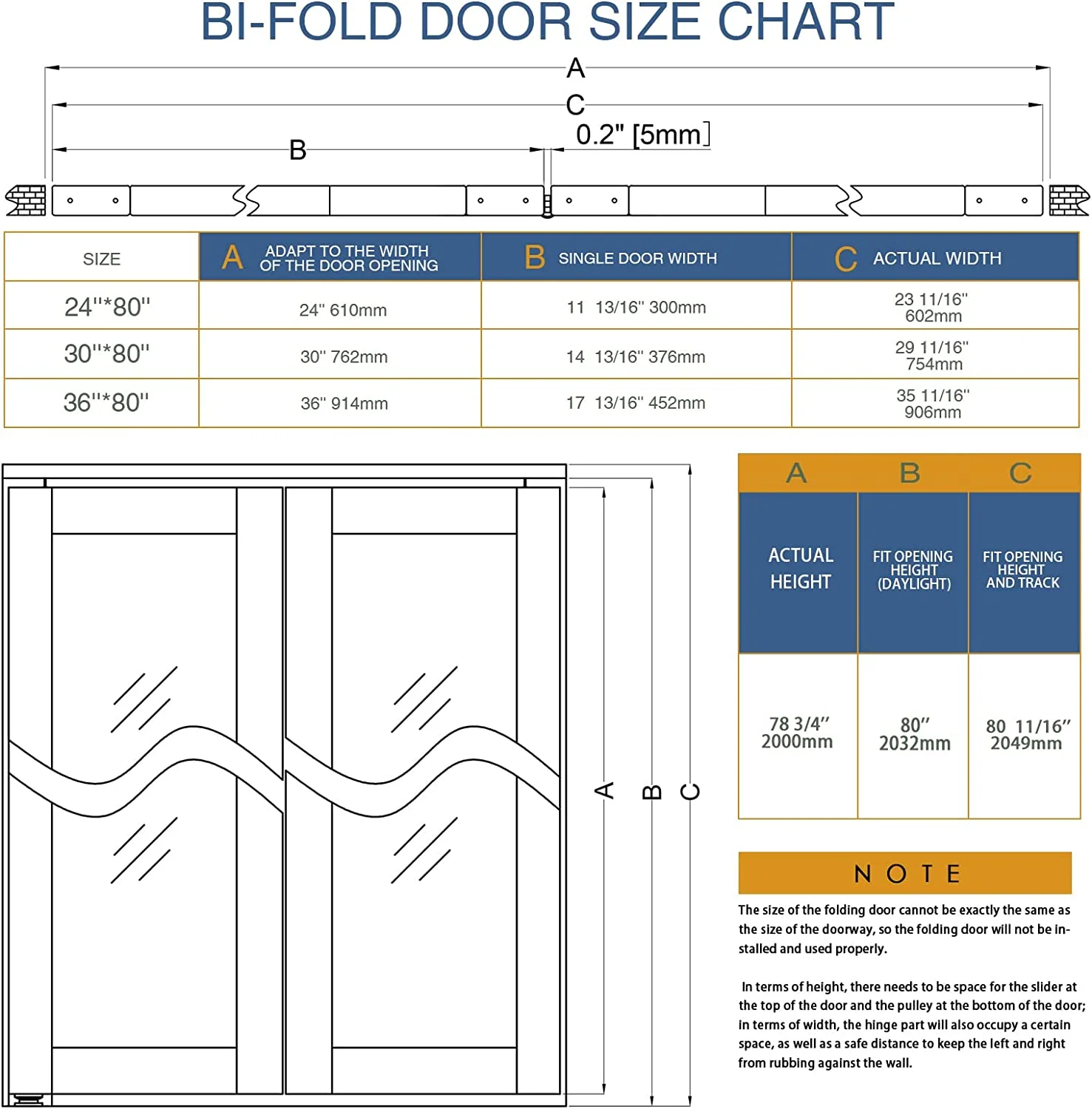 TENONER Bi-Fold Doors, for 30in. x 80 in Opening, 3-lite Tempered Frosted Glass Panel, MDF, Brown Closet Door