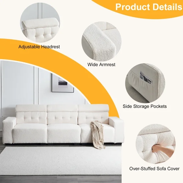 Teddy Velvet Indoor Multi-person Sofa 306*96*83cm 26cm Full Removable Armrests Triple with Side Pockets Backrest Pull Point Off-white 306*96*83cm Teddy Velvet, 26cm Fully Detachable Armrests, Three-Se