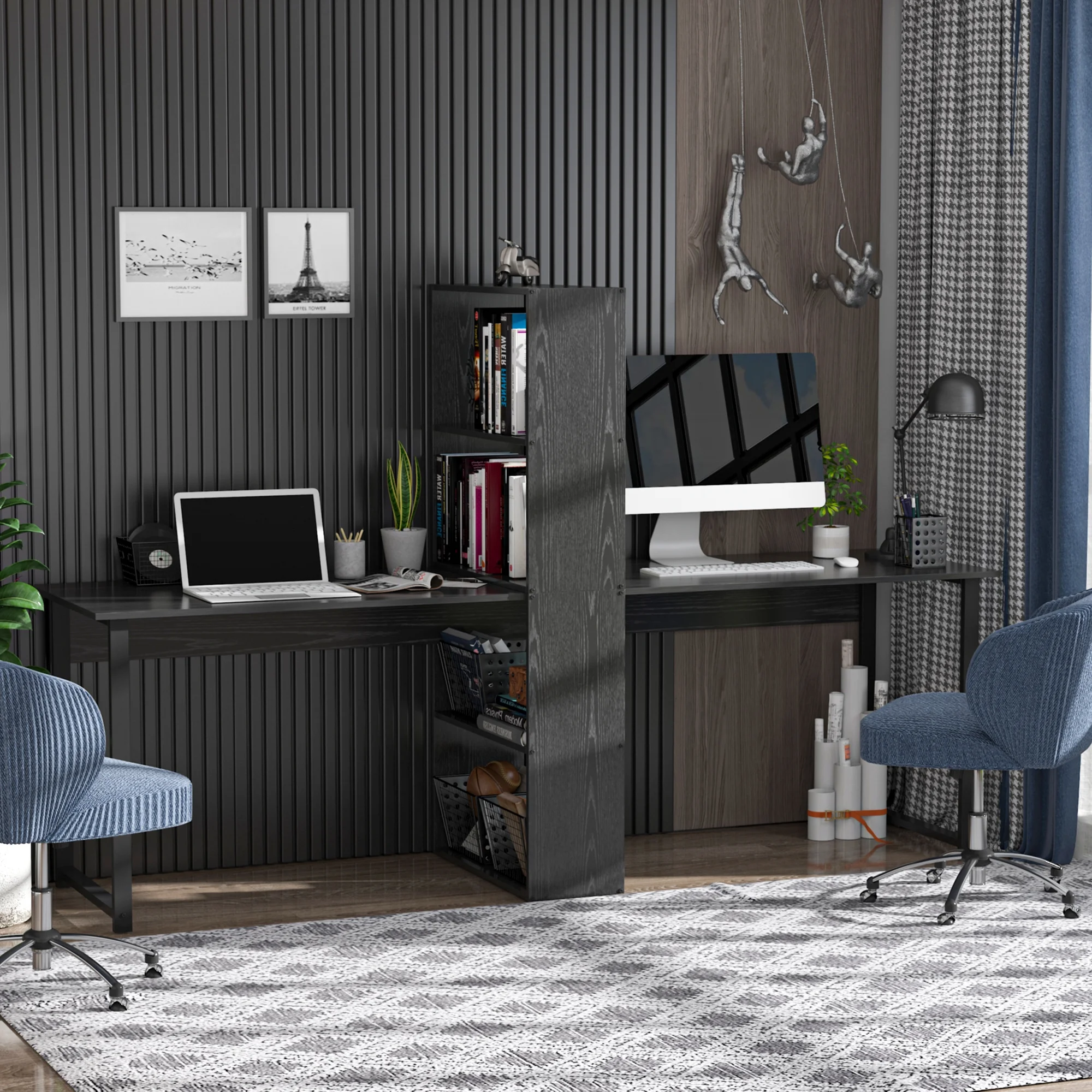 HOMCOM 88 Extra Long 2 Person Computer Desk with Storage Shelves Combo Double Workstation Storage Study Writing Table for Home Office Bookshelf Black