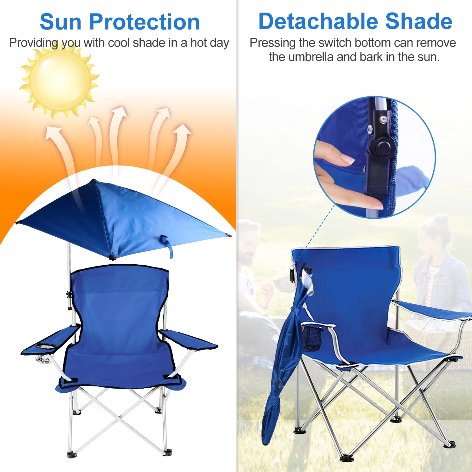 iMounTEK 220.5lbs Load Foldable Beach Chair with Detachable Umbrella Armrest Adjustable Canopy Stool Cup Holder Carry Bag for Camping Poolside Travel Picnic Lawn, Blue