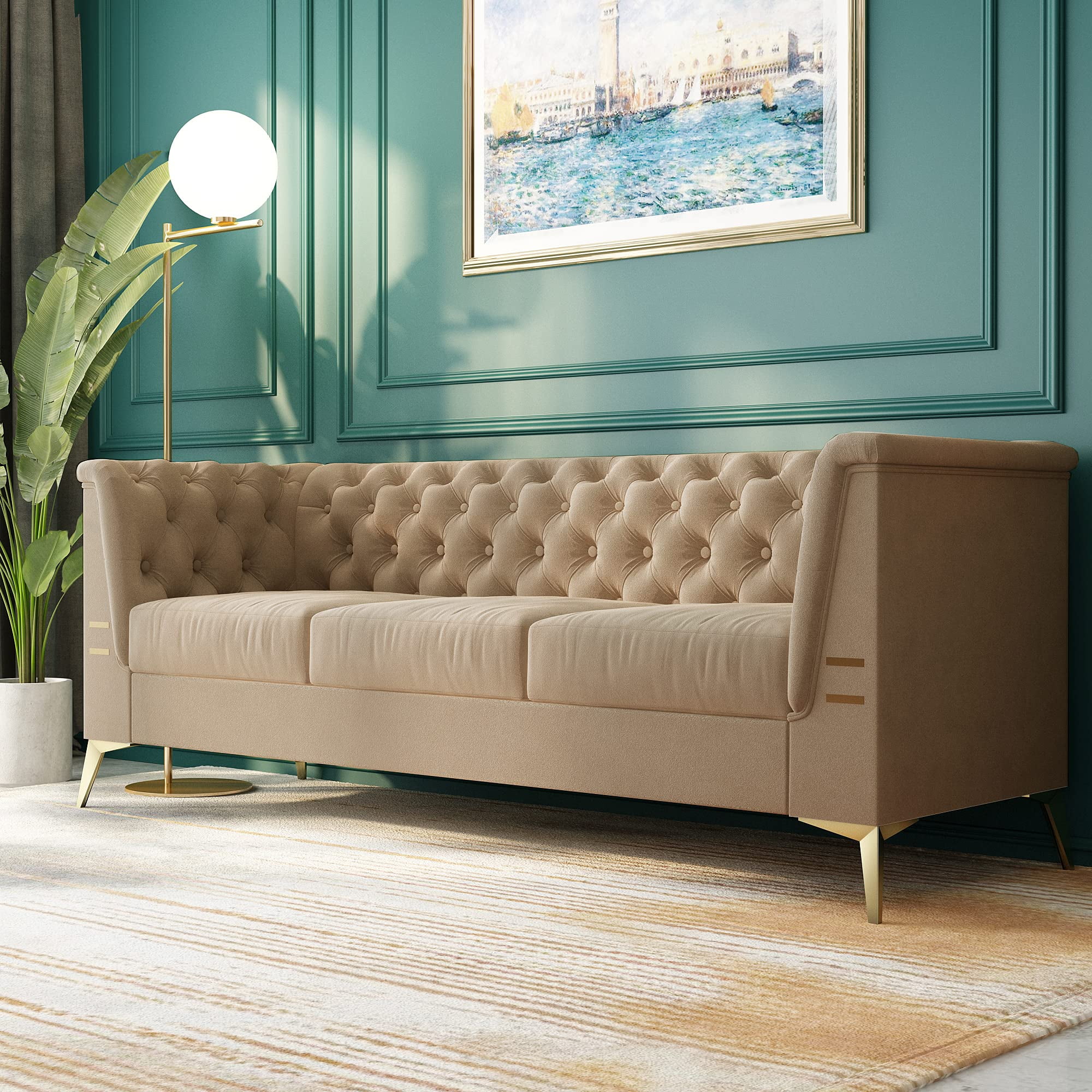 Glorious 82.68'' Velvet Upholstered Sofa  for Living Room,Khaki