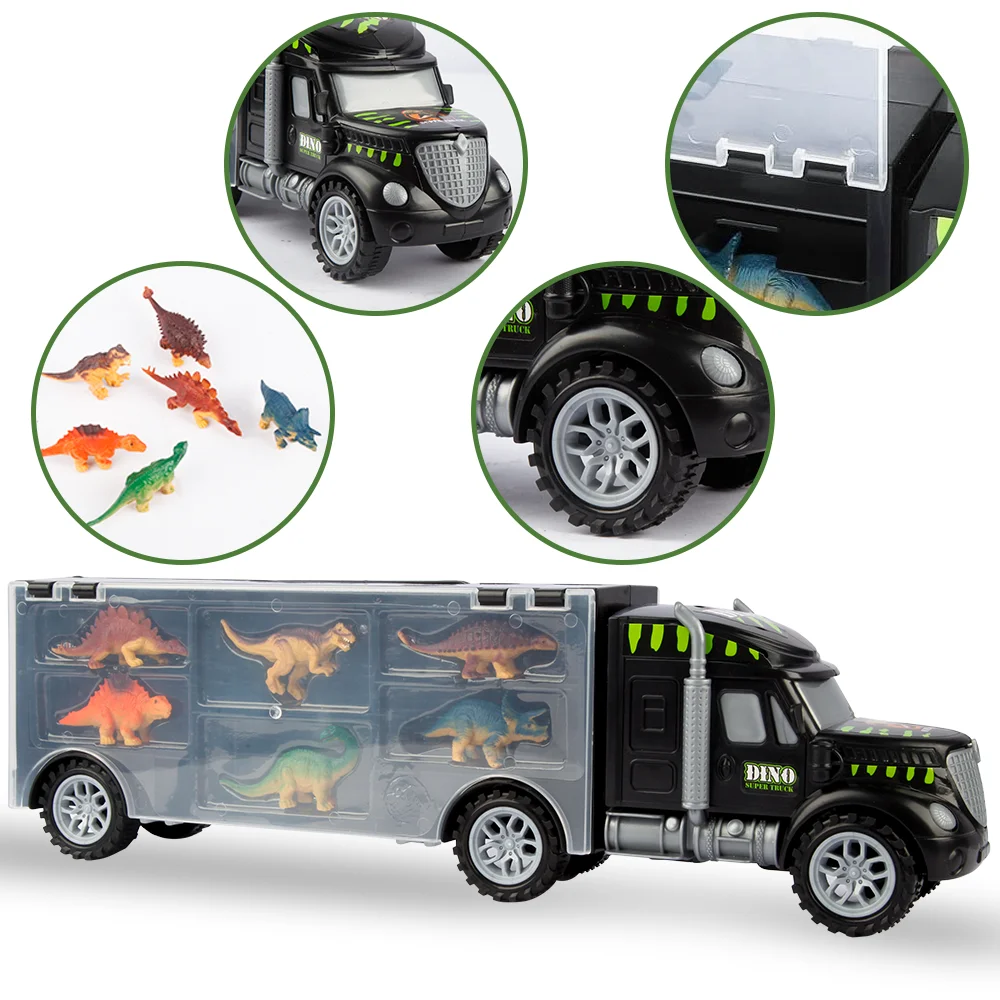 SUGARDAY Dinosaur Truck Carrier Toy Dinosaur Transport Cars for Boys Girls with 6 Dinosaur Toys Carrying Case