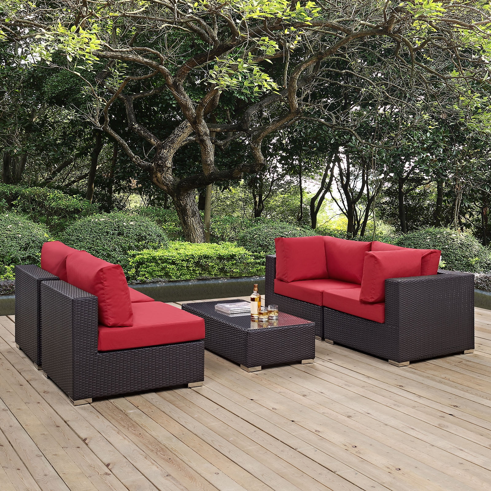 Modern Contemporary Urban Design Outdoor Patio Balcony Five PCS Sectional Sofa Set, Red, Rattan
