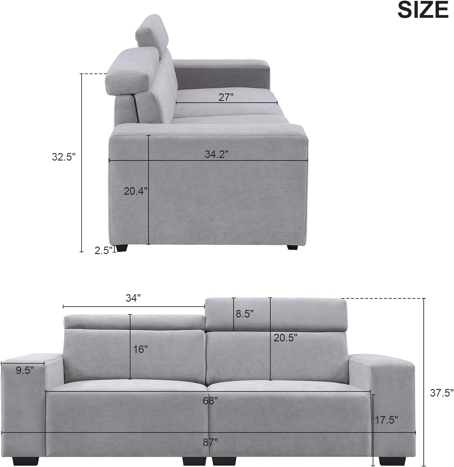 Seaer Sofa Couch Moder Upholsered Sofa Velve Livig Room Sofa Wih Muli-Agle Adjusable Headres For Livig Room, Aparme, Office (Ligh Grey)