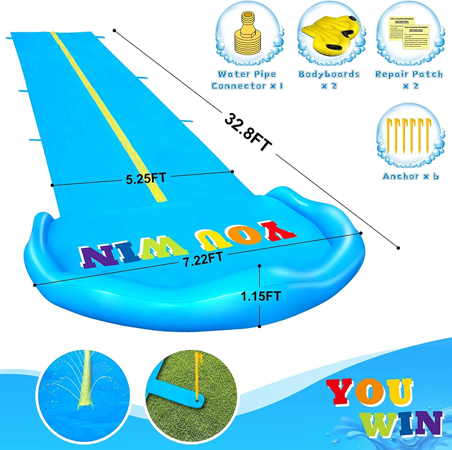 Terra Outdoor Water Slide, 32.8ft x 83in Inflatable Splash Water Slip with 2 Racing Lanes and 2 Body Boards for Kids Boys Girls Adults Summer Play