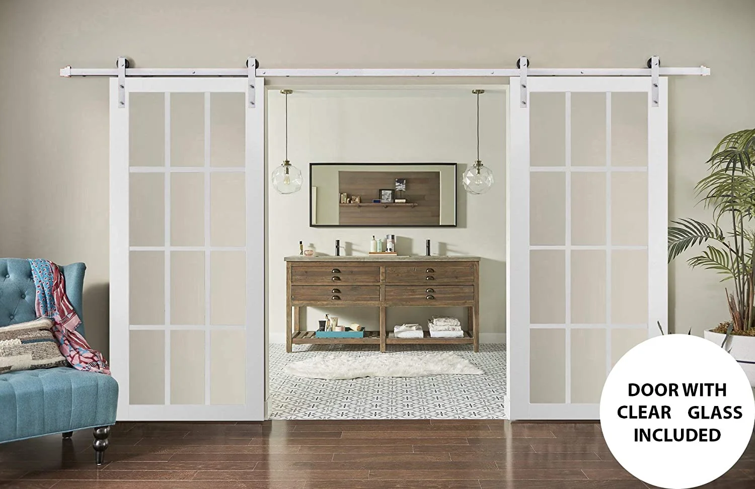 Sturdy Double Barn Door with Clear Glass 12 lites | Felicia 3355 Matte White | 13FT Rail Hangers Heavy Set | Solid Panel Interior Doors