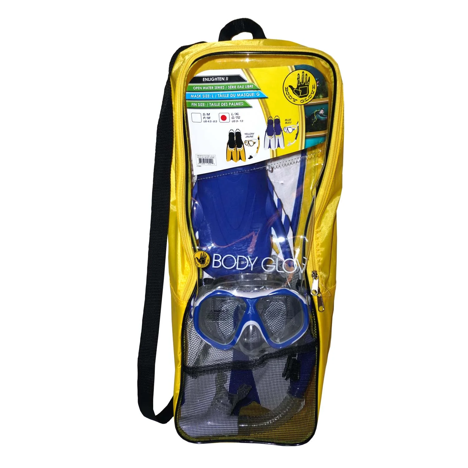 Body Glove Snorkeling Set Travel Bag Dive Mask And Snorkel And Fins Set- Tempered Glass Diving Mask - Silicone Goggles - Swimming Fins - Dry Top Flex Tube- for Snorkeling Swimming Scuba Diving