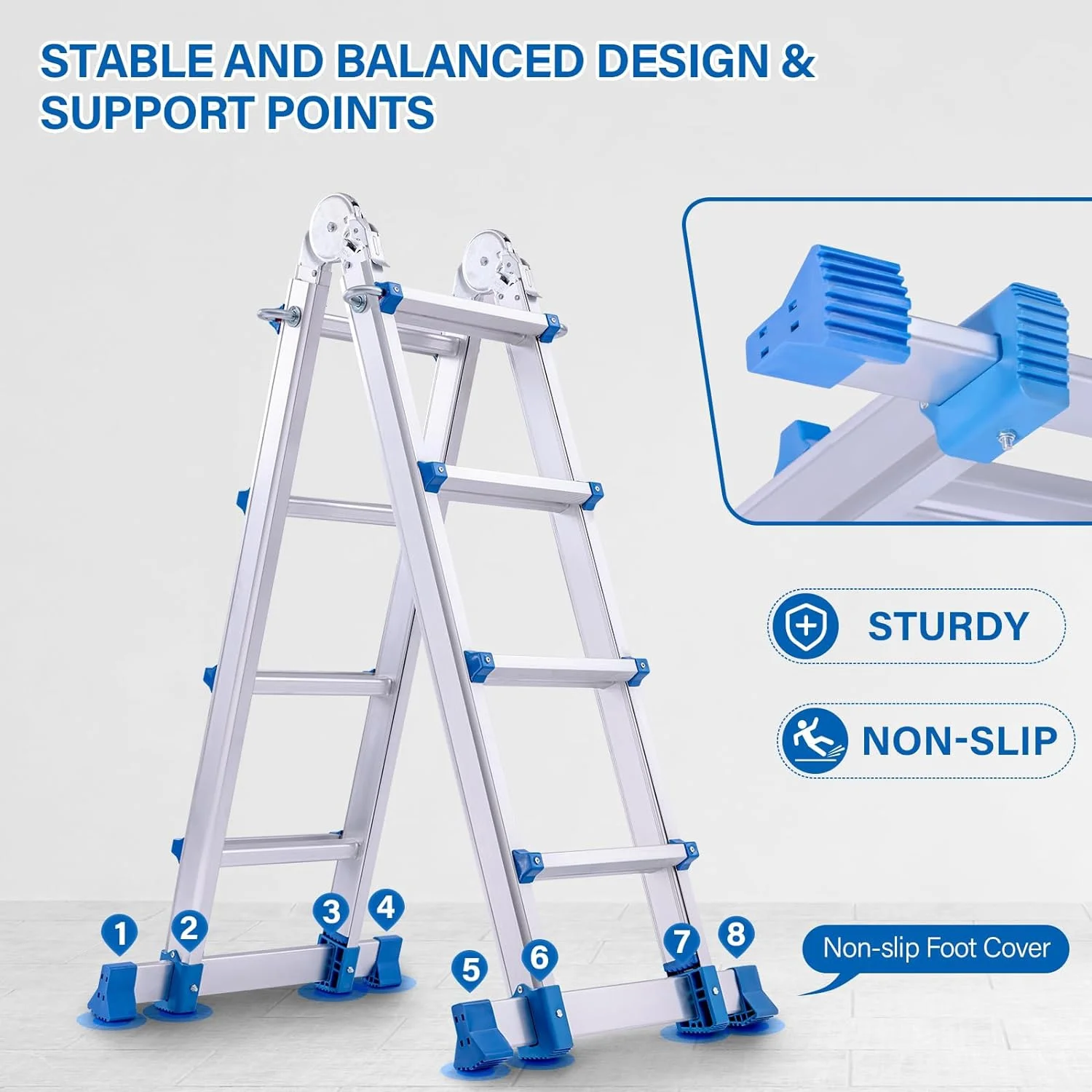 14 FT Extension Ladder, A Frame 3 Step Ladder, Anti-Slip Multi Position Telescoping Ladder Aluminum Folding Ladder with Stabilizer Bar,330 lbs Capacity for Household or Outdoor Work