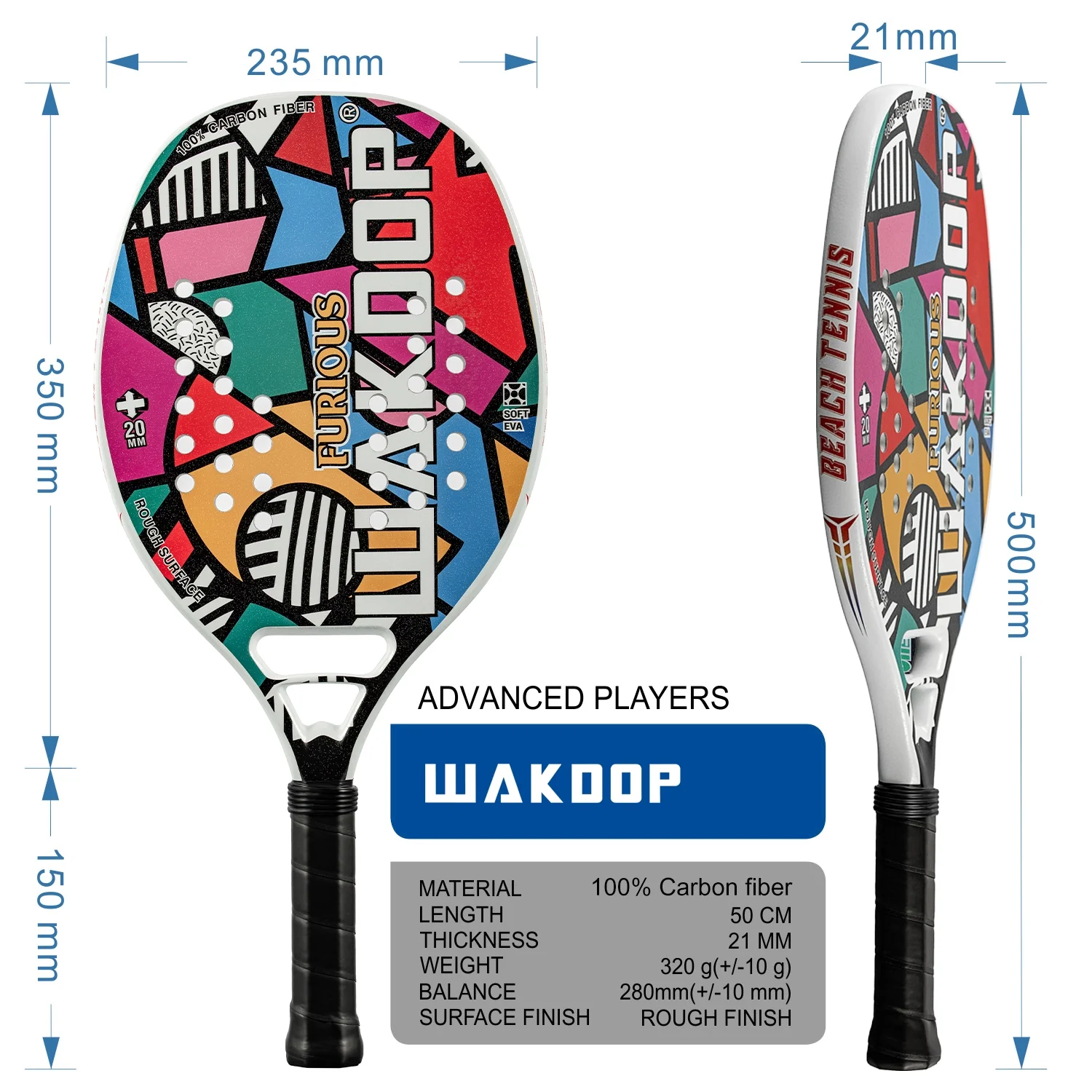 Wakdop Beach Tennis Racket,Carbon Fiber Rough Face with EVA Foam Core Raquete Beach Tennis FURIOUS