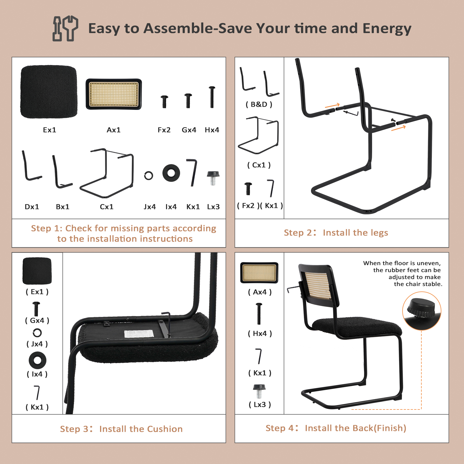 Kithkasa Rattan Boucle Dining Chairs for Dining Room,Metal Legs,Set of 2,Black