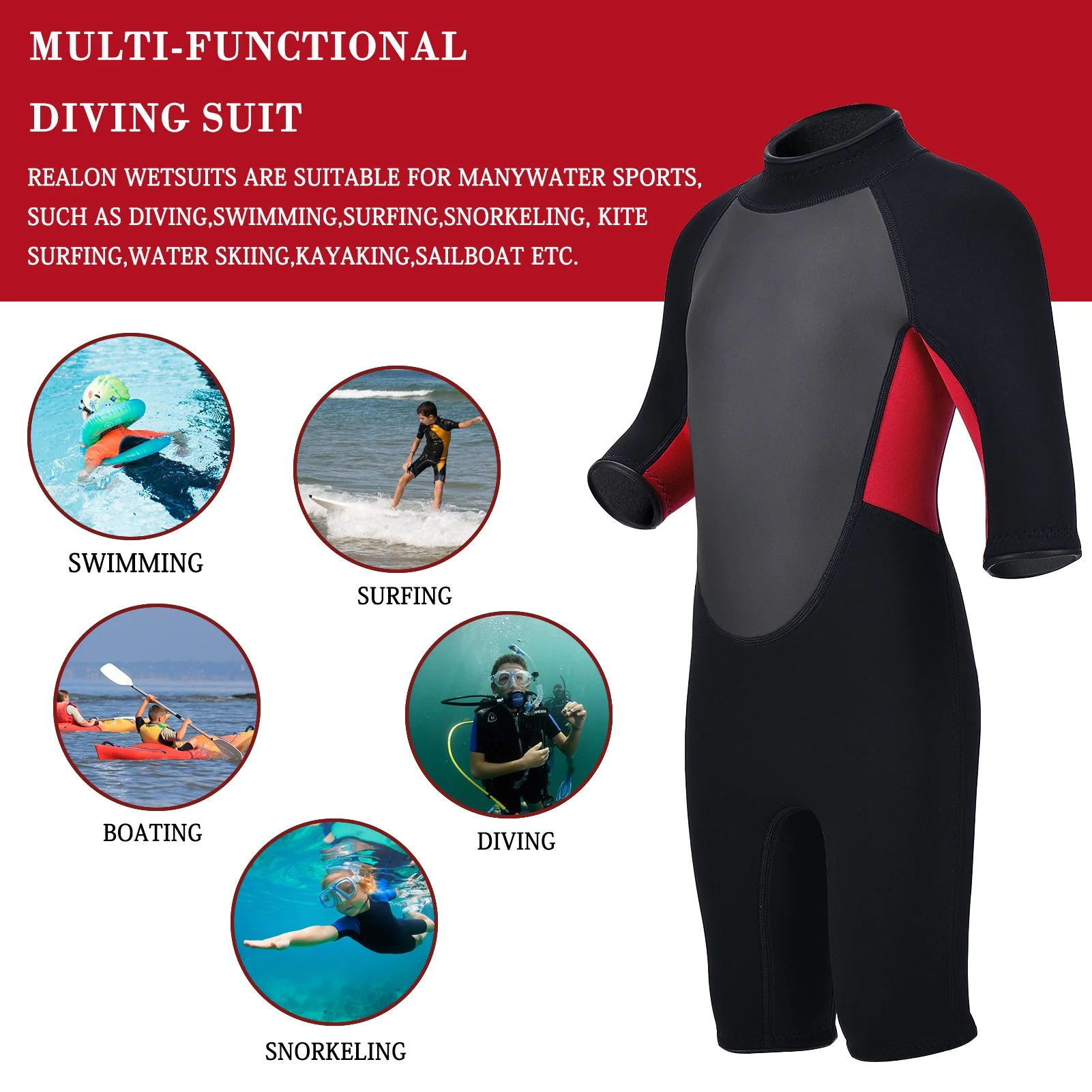 REALON Kids Wetsuits for Girls Boys Toddler Children Shorty Wet Suit 2-14 Years 3mm Neoprene Swimsuits in Cold Water Back Zip for Diving Surfing Jet Skiing Swimming