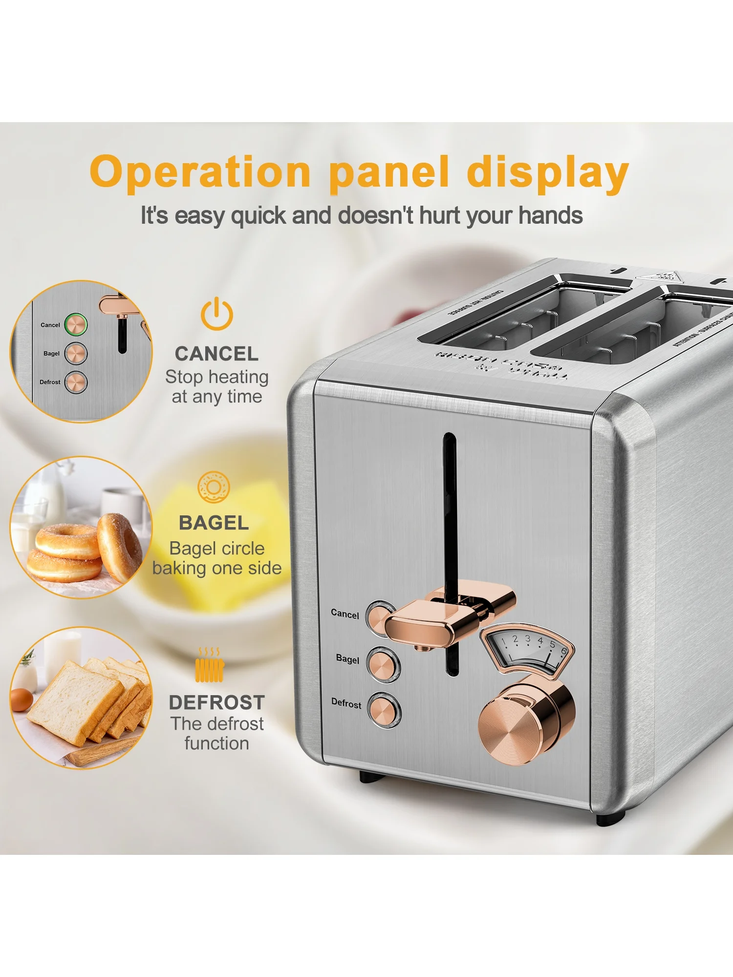 WHALL Toaster 2 slice Stainless Steel Toasters with Bagel, Cancel, Defrost Function, 1.5in Wide Slot, 6 Shade Settings, Removable Crumb Tray, High Lift Lever, for Various Bread Types (850W)