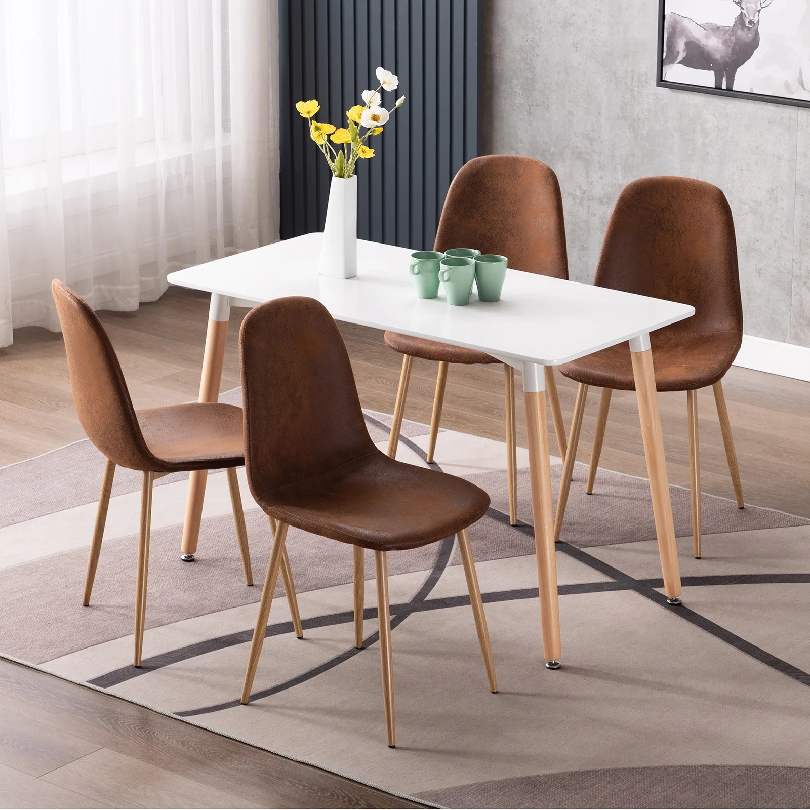 Artist hand Set of 4 Mid Century Dining Chairs with Metal Legs,Faux Leather Cover Cushion Seat Chair,Upholstered Side Chair for Kitchen Dining Room Club Guest,Brown