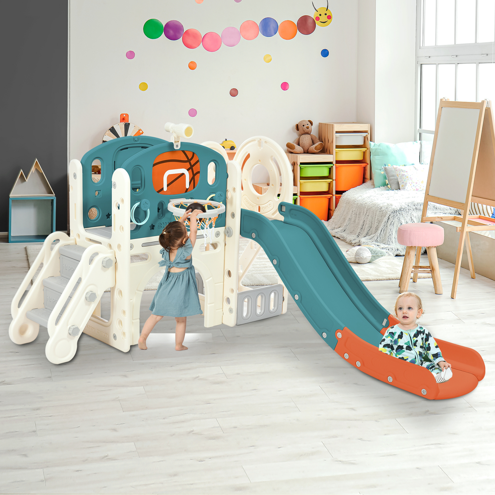 Fun Kids Freestanding Castle Climbing Crawling Playhouse - 7-in-1 Playset Structure with Various Activities, Blue Color Scheme, Perfect for Indoor Play - Dimensions: 72